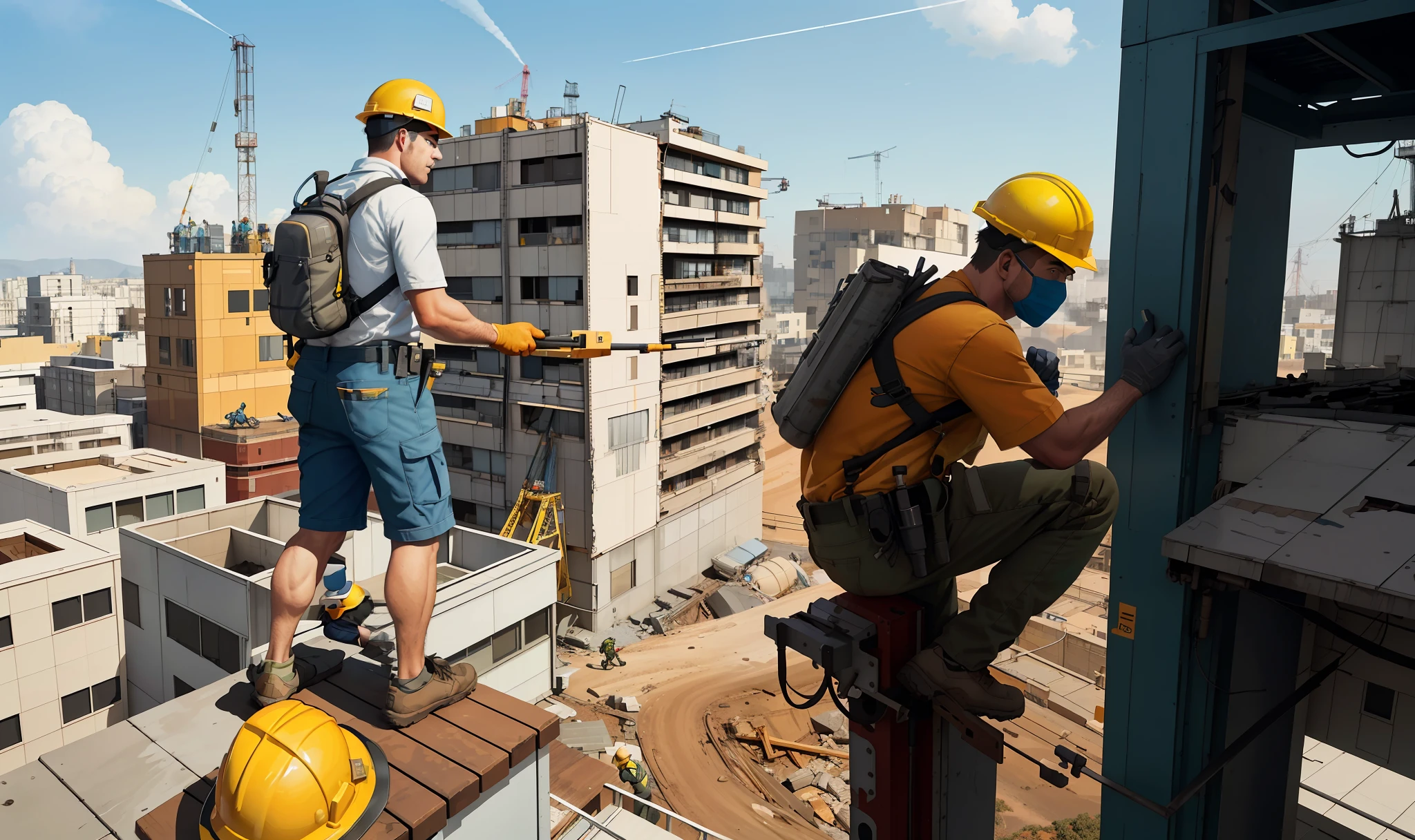 two men in hard hats and safety gear working on a building, worksafe.cgsociety, worksafe. cgsociety, workers, worksafe. illustration, proffesional illustration, michael whelan and tomer hanuka, fanart, commercial illustration, miners, alex andreev, repairing the other one, stylized digital illustration, ross tran and michael whelan