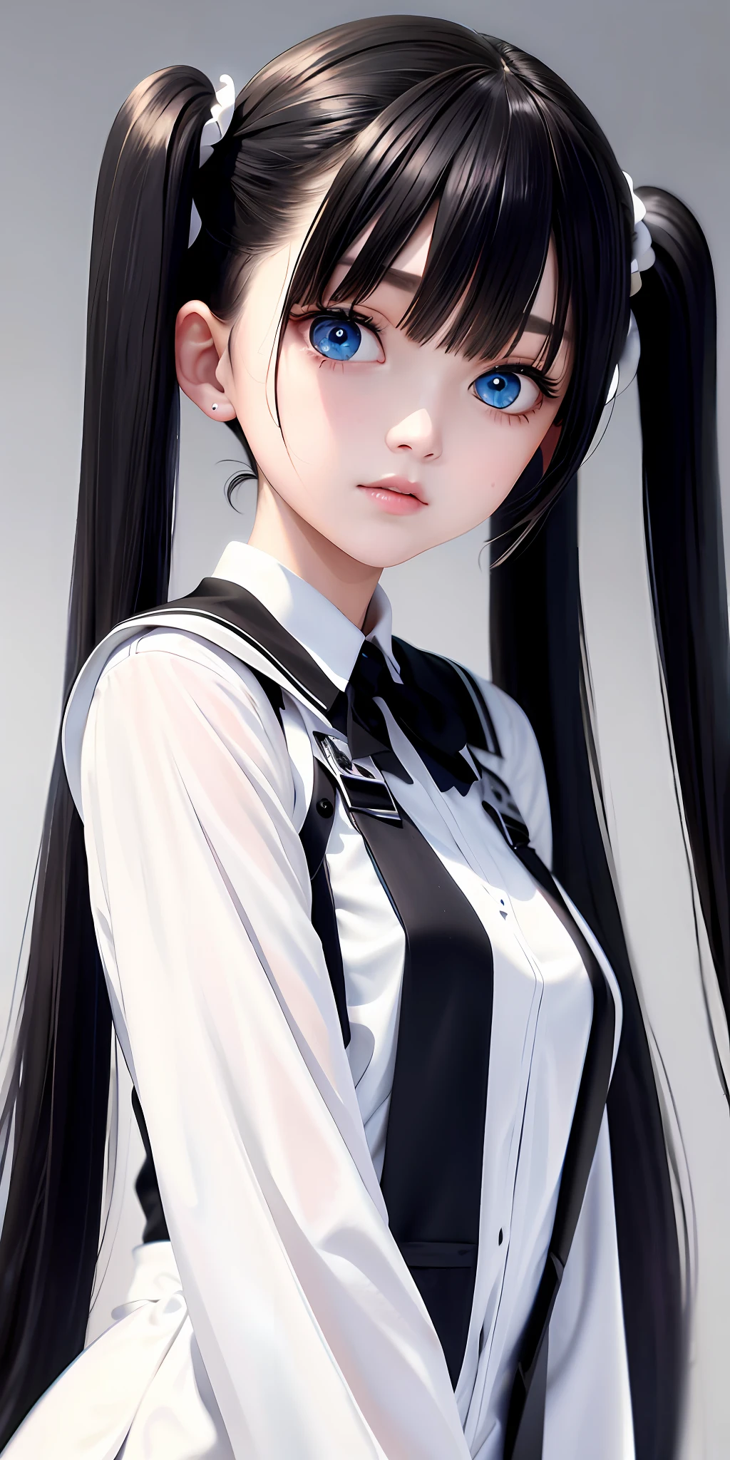 Top quality, masterpiece, black hair, blue eyes, white clothes, look up, upper body, hair strands, fair skin, twin tails, 40s