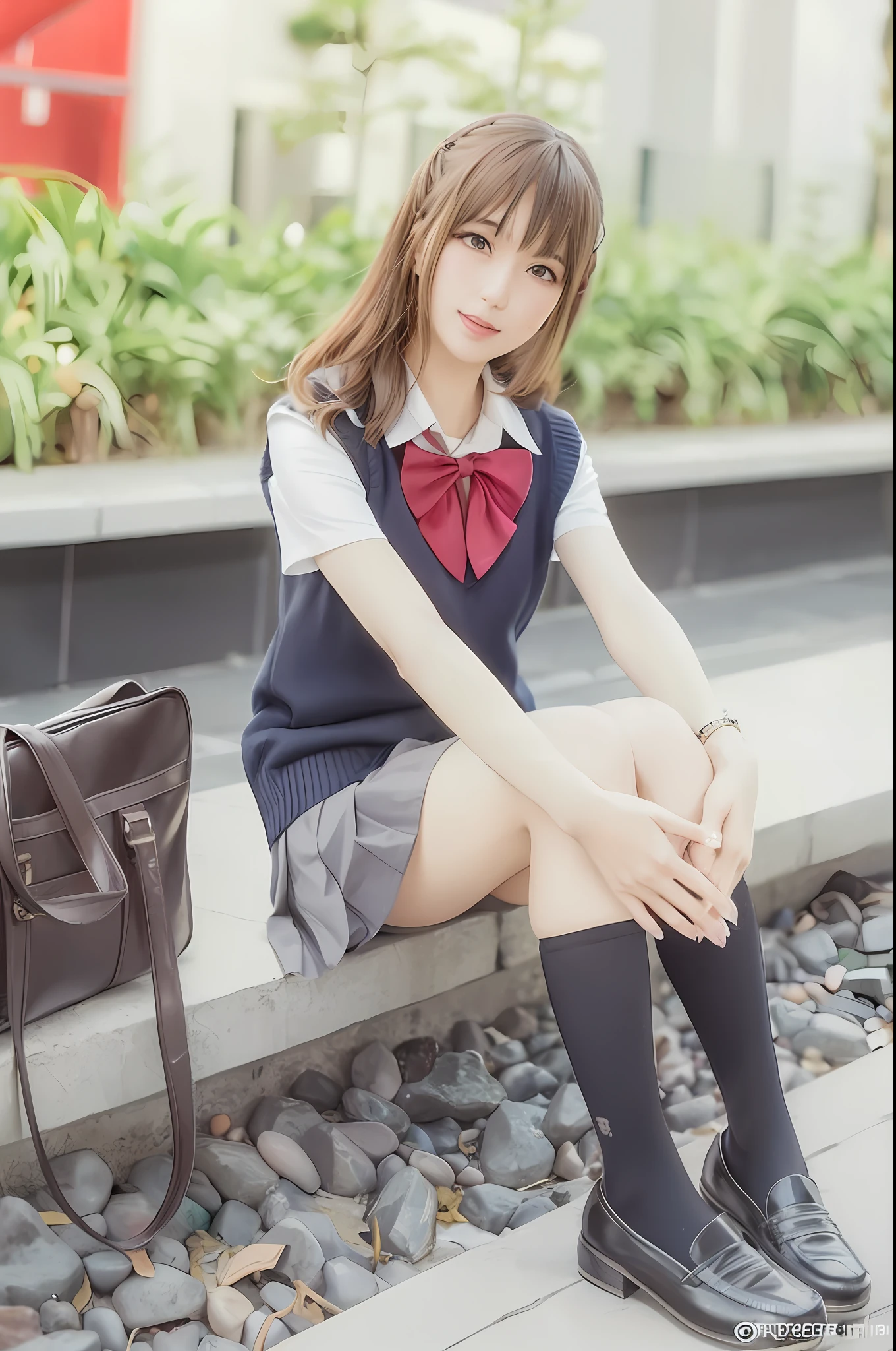 arafed asian woman sitting on a stone ledge with a handbag, japanese girl school uniform, japanese school uniform, cute schoolgirl, wearing japanese school uniform, beautiful anime high school girl, wearing school uniform, a hyperrealistic schoolgirl, seifuku, anime girl in real life, wearing a school uniform, realistic schoolgirl, of a schoolgirl posing