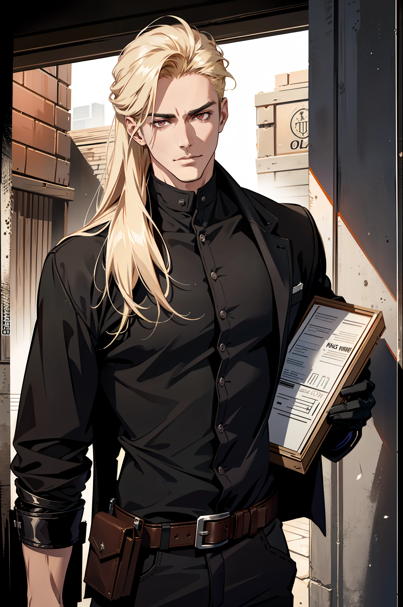 ((MLS)), (absurd res, high res, ultra detailed), 1 male, adult, handsome, tall muscular guy, broad shoulders, blonde long hair, red eyes, finely detailed eyes, looking at viewer, solo, MLS shot, no background, detailed face, smirk, renegade, rugged dark leather clothes, small leather pouch, high fantasy medieval setting, smuggler hideout background, stealth, undercover, (crates in background), shadows, fog, (dutch angle), closed mouth