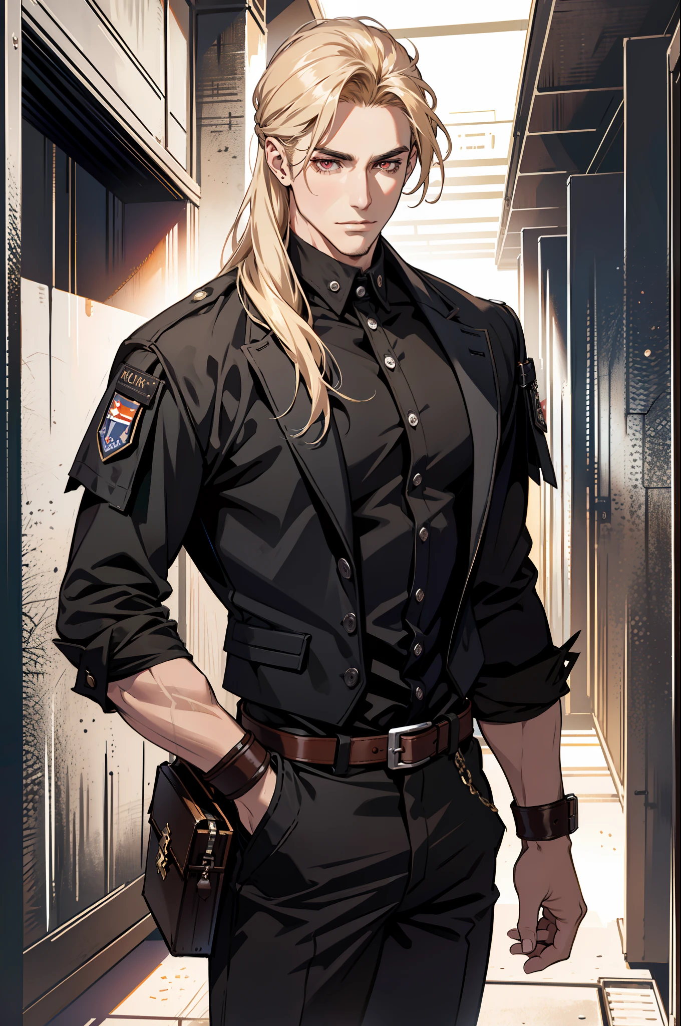 ((MLS)), (absurd res, high res, ultra detailed), 1 male, adult, handsome, tall muscular guy, broad shoulders, blonde long hair, red eyes, finely detailed eyes, looking at viewer, solo, MLS shot, no background, detailed face, smirk, renegade, rugged dark leather clothes, small leather pouch, high fantasy medieval setting, smuggler hideout background, stealth, undercover, (crates in background), shadows, fog, (dutch angle), closed mouth