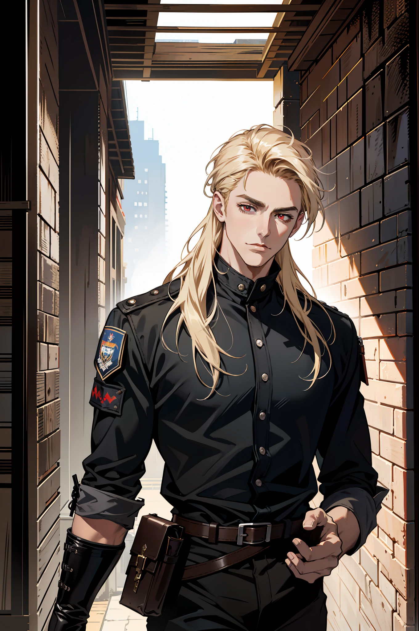 ((MLS)), (absurd res, high res, ultra detailed), 1 male, adult, handsome, tall muscular guy, broad shoulders, blonde long hair, red eyes, finely detailed eyes, looking at viewer, solo, MLS shot, no background, detailed face, smirk, renegade, rugged dark leather clothes, small leather pouch, high fantasy medieval setting, smuggler hideout background, stealth, undercover, (crates in background), shadows, fog, (dutch angle), closed mouth