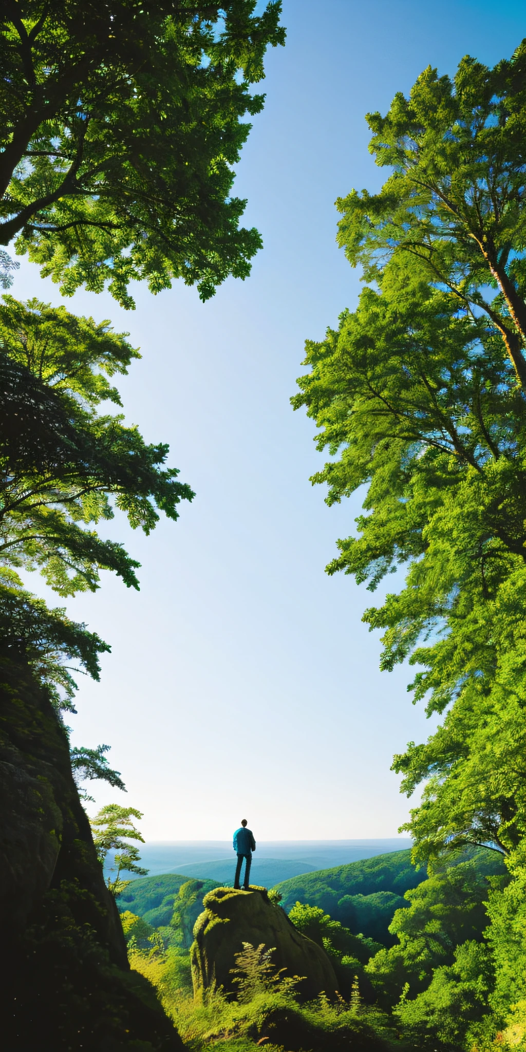 The clear blue sky above the verdant landscape, with a quiet man on top of a large stone looking out at the distant horizon. (Natural landscape, dynamic angle, azure sky: 1.2, forest: 0.8, depth of field: 1.2, silhouette of a man: 1.1, human face: 0.9, vibrant colors: 0.8)