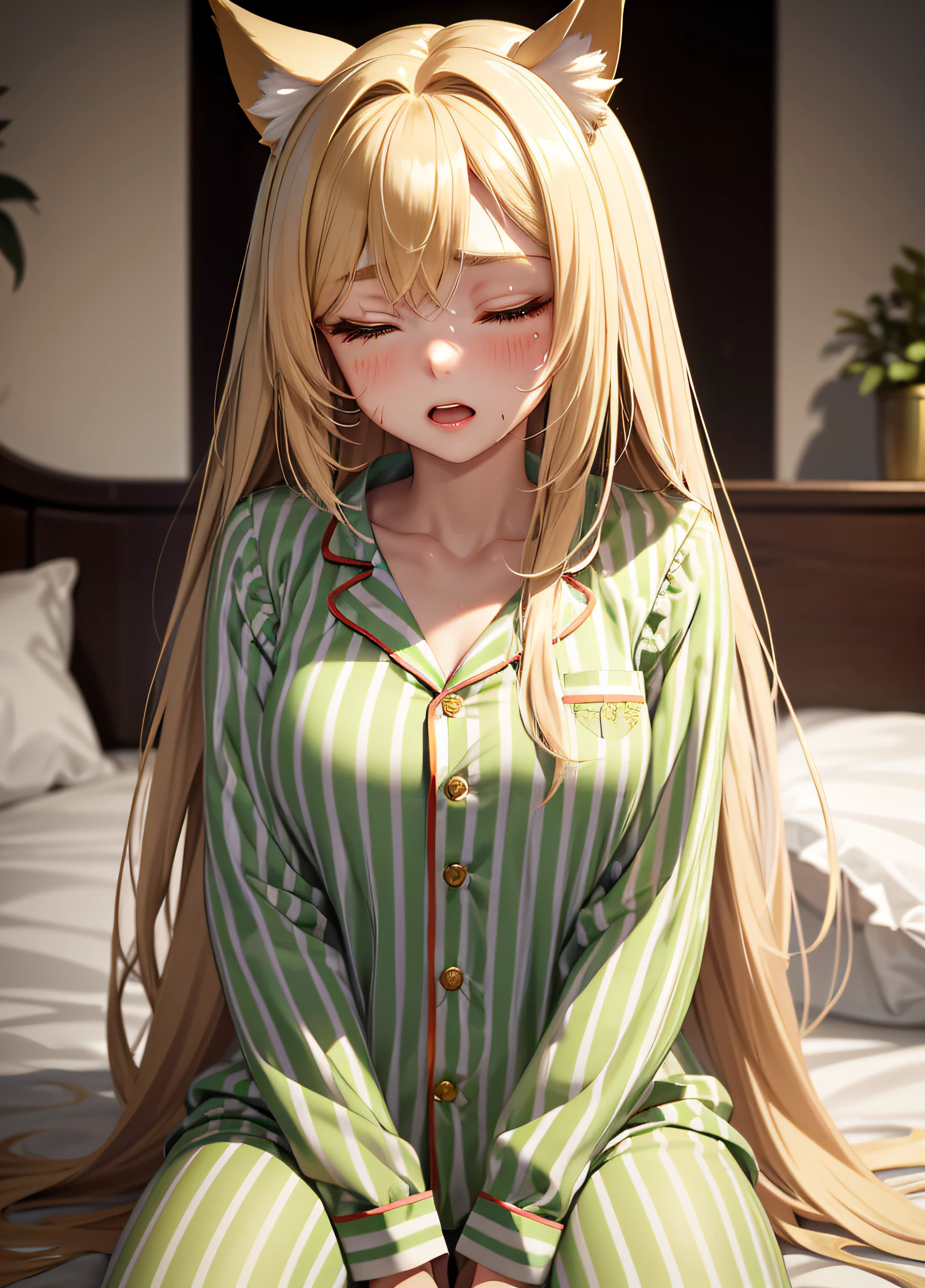 Masterpiece, (highest quality), Alone, (Young Woman), Solo, Blonde Long Straight Hair, Big, Dog Ears, (Golden Eyes), (Pajamas with green and white stripes), Close-up image of face, Painful, Eyes closed, Screaming, Red cheeks, Very sweaty, (Very dark)), (((Midnight Room))), On the Bed