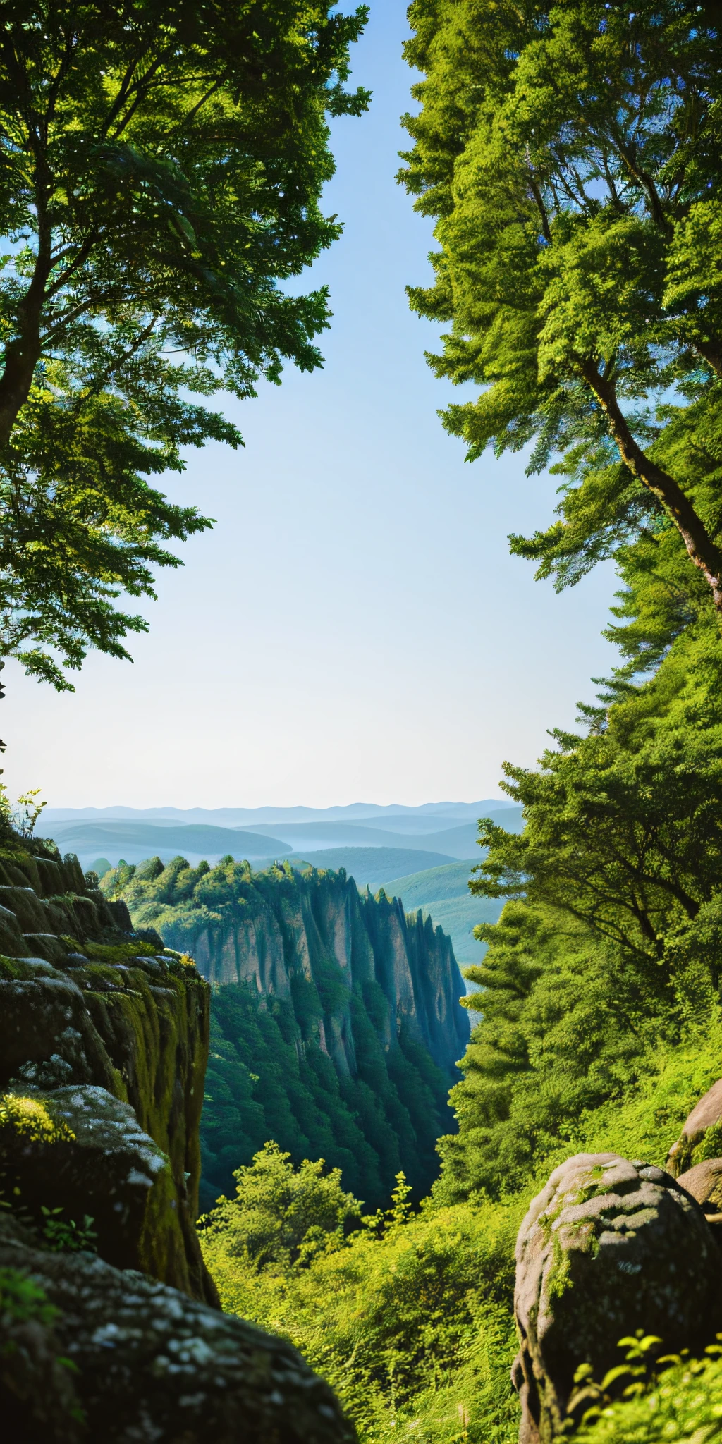 The clear blue sky above the verdant landscape, with a quiet man on top of a large stone looking out at the distant horizon. (Natural landscape, dynamic angle, azure sky: 1.2, forest: 0.8, depth of field: 1.2, silhouette of a man: 1.1, human face: 0.9, vibrant colors: 0.8)