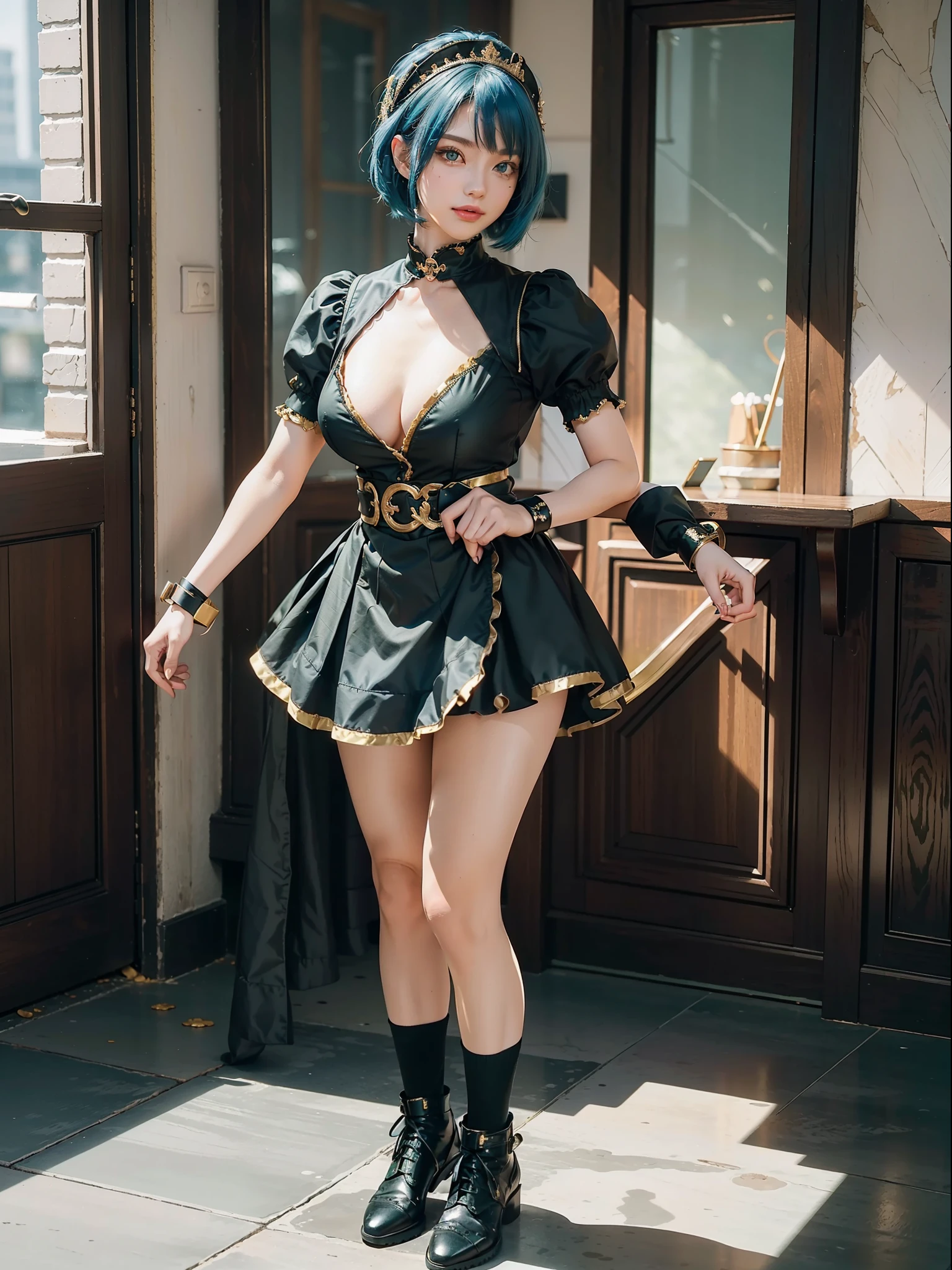 ((Full body photo, standing, standing on the floor, Naiara has giant breasts)), ((black with gold pieces/maid's outfit with short skirt and socks with clip on the skirt, tight on the body)), smile, face with red cheek, she is alone, she is an Anime convention and is crowded with spectators, she wearing maid's headdress, she has ((short blue hair, green eyes)), closed fists, perfect anatomy,best resolution, ultra detailed, anime style, masterpiece, 16k, UHD, textured skin, anatomically correct, ccurate