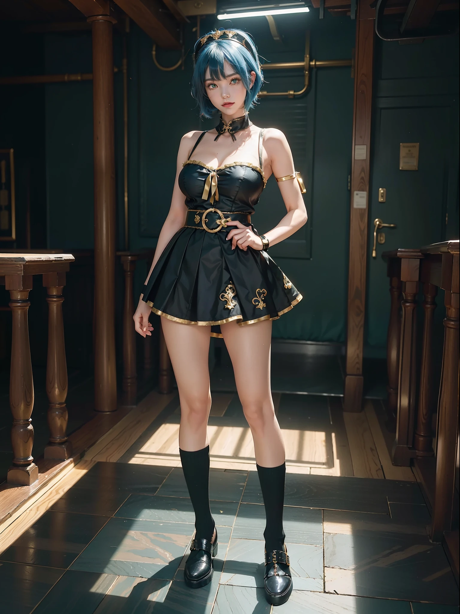 ((Full body photo, standing, standing on the floor, Naiara has giant breasts)), ((black with gold pieces/maid's outfit with short skirt and socks with clip on the skirt, tight on the body)), smile, face with red cheek, she is alone, she is an Anime convention and is crowded with spectators, she wearing maid's headdress,  she has ((short blue hair, green eyes)), closed fists, perfect anatomy,best resolution, ultra detailed, anime style, masterpiece, 16k, UHD, textured skin, anatomically correct, ccurate