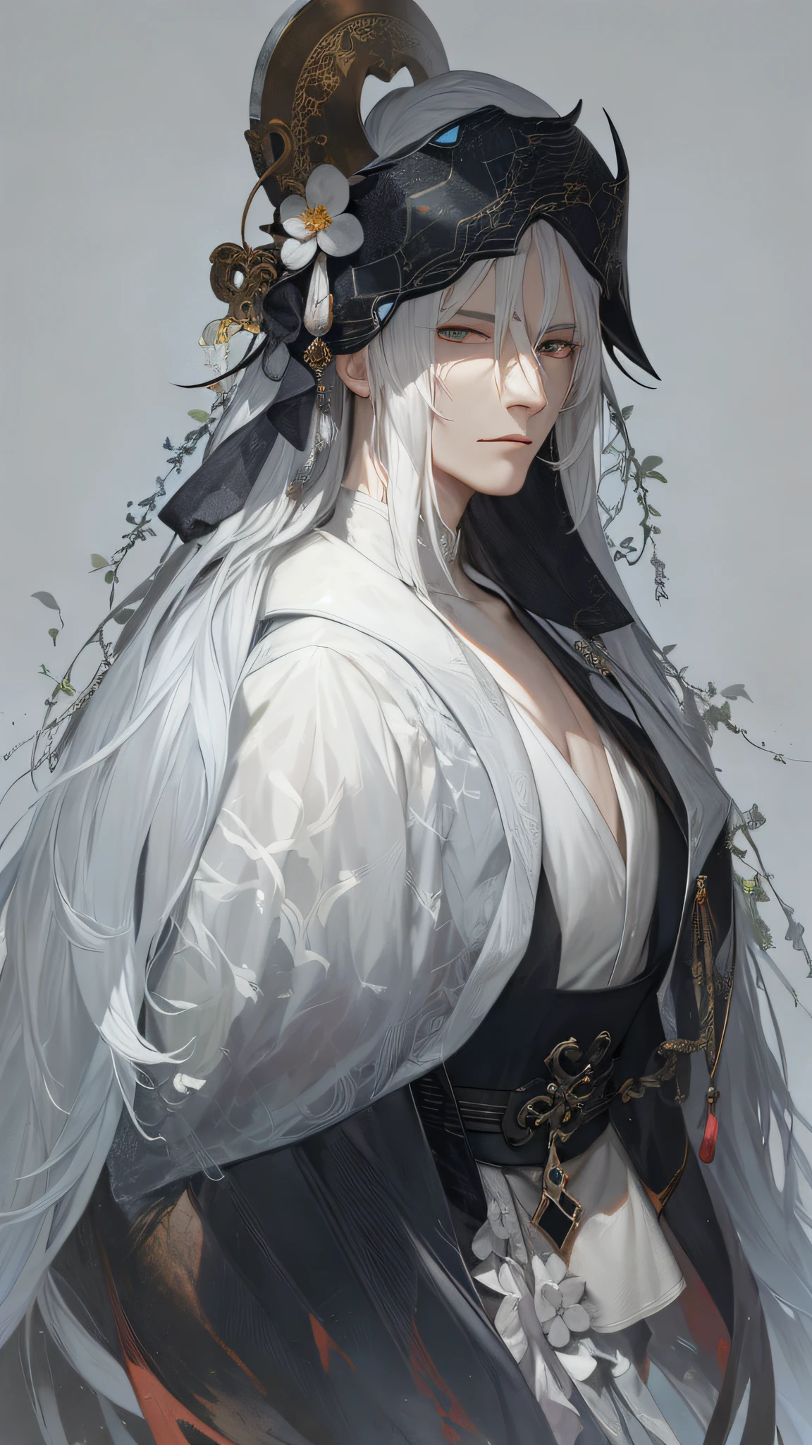 Masterpiece, close-up of a man with white hair and white mask, beautiful figure painting, Guviz, Guwiz style artwork, white-haired god, Yang J, epic exquisite character art, amazing character art, Fan Qi, Wu Zhun Shifan, Gu Vitz in Pixiv Art Station, Antique, Mountains and Rivers