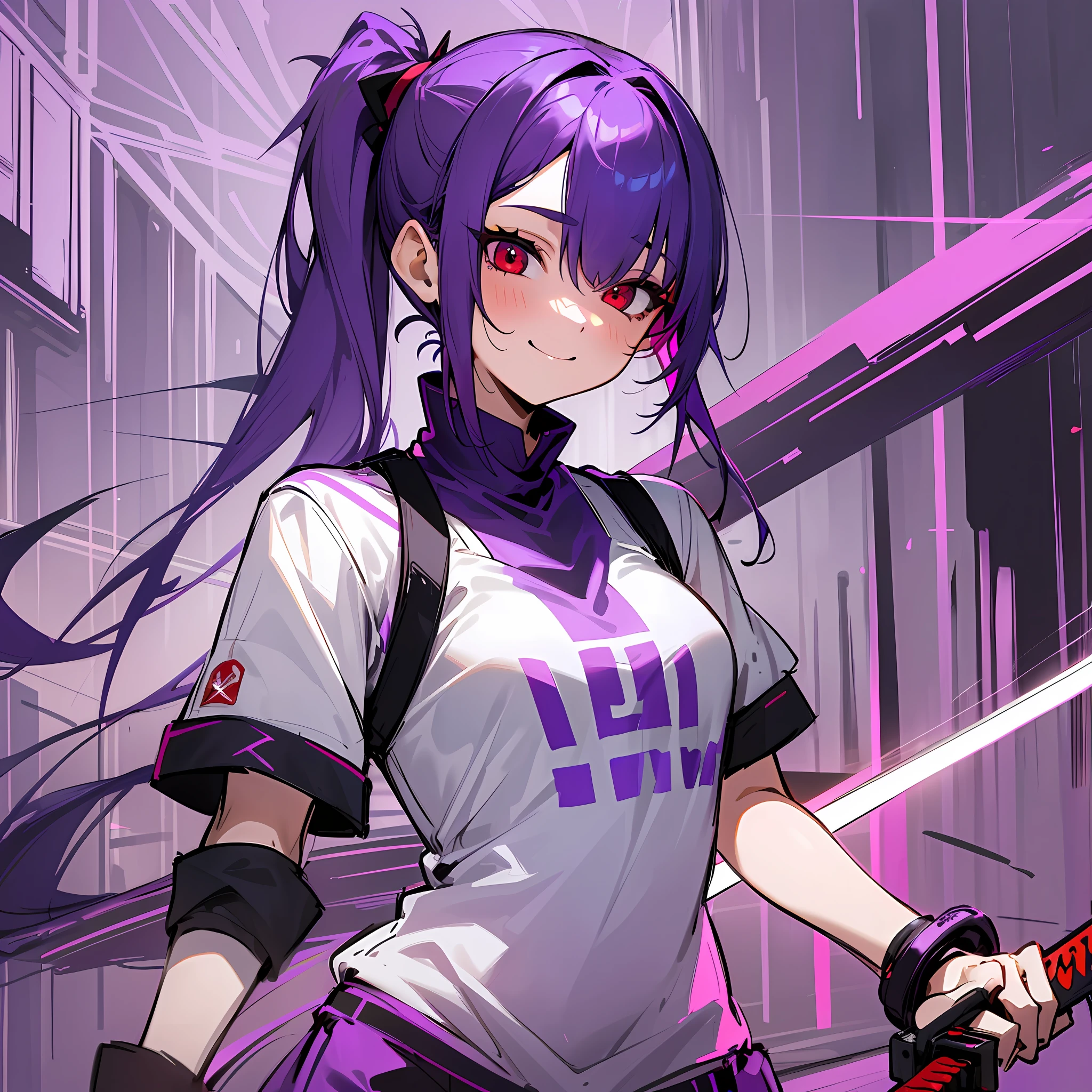 (Girl: long purple hair, red eyes, top shirt for girls types, a combat stance with a sword)), hair over shoulder, long hair, short ponytail, side ponytail, front ponytail, hair two side up, hair over one eye, high ponytail, one side up, dilated pupils, light smile, drunk