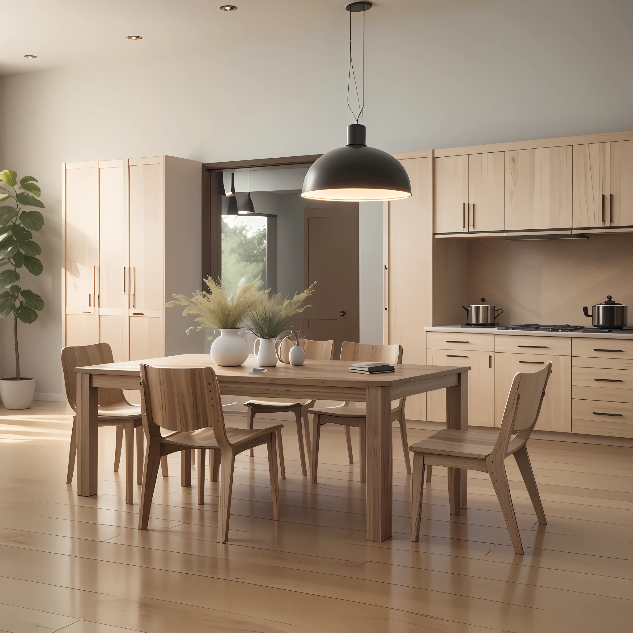 Super clear, interior renderings, 8k high detail, light wood floor, wooden dining table, double wooden sofa, small wooden coffee table, wooden seat, wooden bookcase, wooden sideboard. Wooden kitchen countertop. --auto --s2