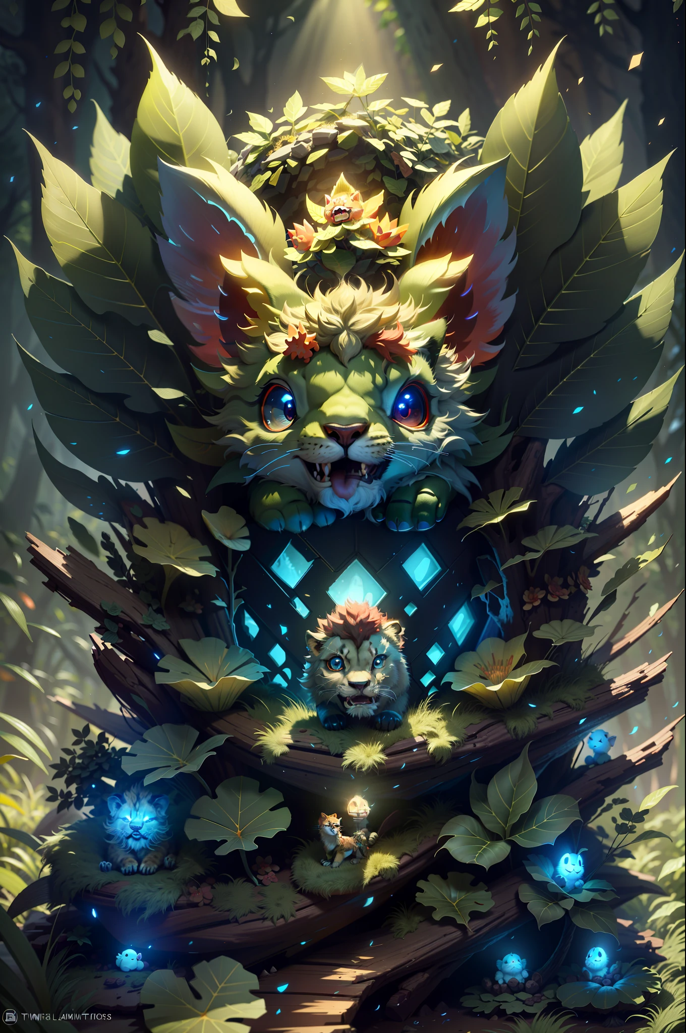 Granular, very detailed, intricate details, dynamic lighting, realistic, cinematic, natural lighting, M0NST3Rfy3, lion cub, red glowing eyes, :P, (fluffy: 1.2), glowing stripes, dark forest, dark theme, open mouth, lots of teeth, abyss in the mouth,