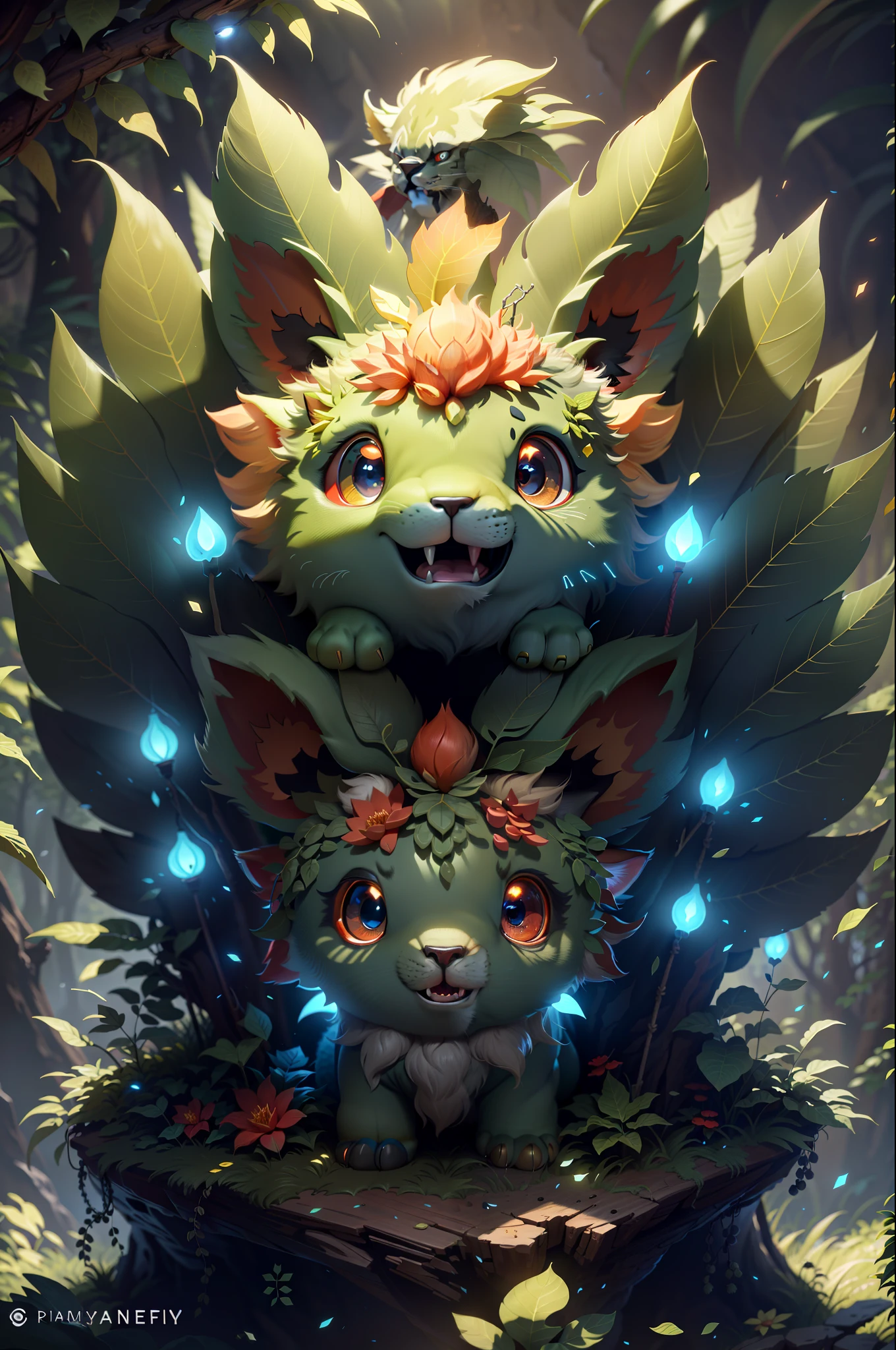 Granular, very detailed, intricate details, dynamic lighting, realistic, cinematic, natural lighting, M0NST3Rfy3, lion cub, red glowing eyes, :P, (fluffy: 1.2), glowing stripes, dark forest, dark theme, open mouth, lots of teeth, abyss in the mouth,