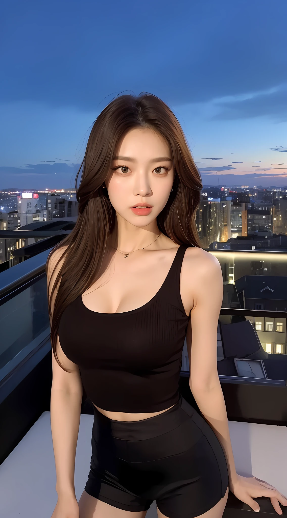 ((Midnight, Best quality, 8k, Masterpiece :1.3)), Whole body, Long legs, Sharp focus :1.2, A pretty woman with perfect figure :1.4, Slender abs :1.1, ((Dark brown hair, Big breasts :1.2)), (Black tight tanktop, black hotpants, Standing:1.2), ((Night city view, Rooftop:1.3)), Highly detailed face and skin texture, Detailed eyes, Double eyelid
