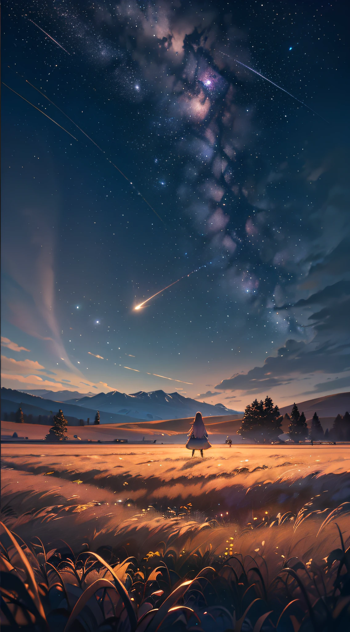 Landscape photos (seen from below, sky above, field below), girl standing in a field (crescent: 1.2) (meteor: 0.9), (nebula: 1.3), (warm light: 1.2), (firefly: 1.2), lights, lots of purple and orange, volumetric lighting interruption (masterpiece: 1.2), (best quality), 4K, ultra-detailed, (luminous, atmospheric illumination), dreamy, magical, --auto --s2
