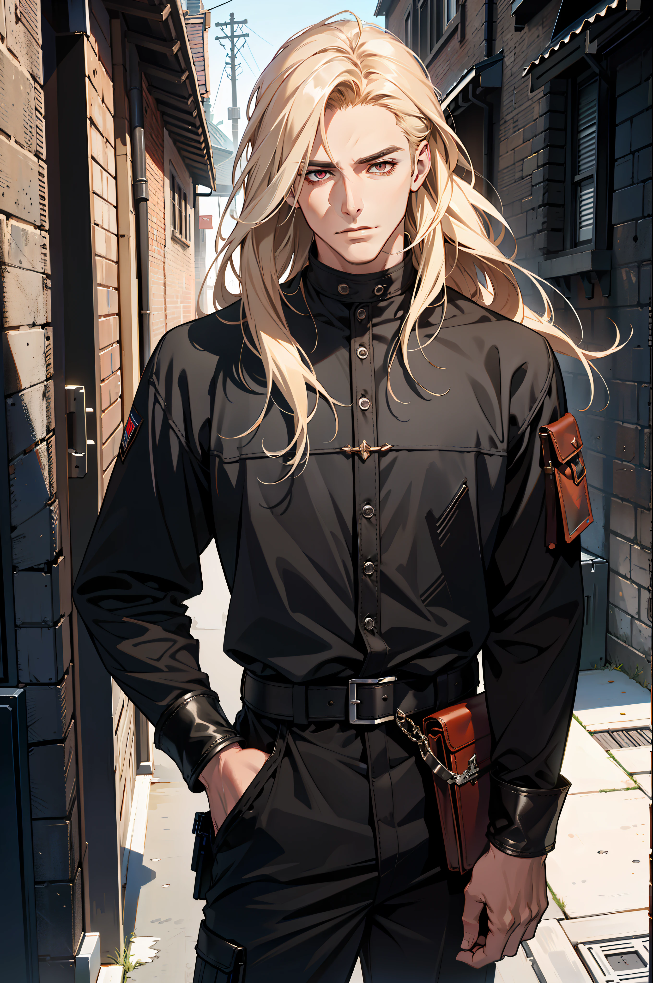 ((MLS)), (absurd res, high res, ultra detailed), 1 male, adult, handsome, tall muscular guy, broad shoulders, blonde long hair, red eyes, finely detailed eyes, looking at viewer, solo, MLS shot, no background, detailed face, smirk, renegade, rugged dark leather clothes, small leather pouch, high fantasy medieval setting, smuggler hideout background, stealth, undercover, (crates in background), shadows, fog, (dutch angle), closed mouth