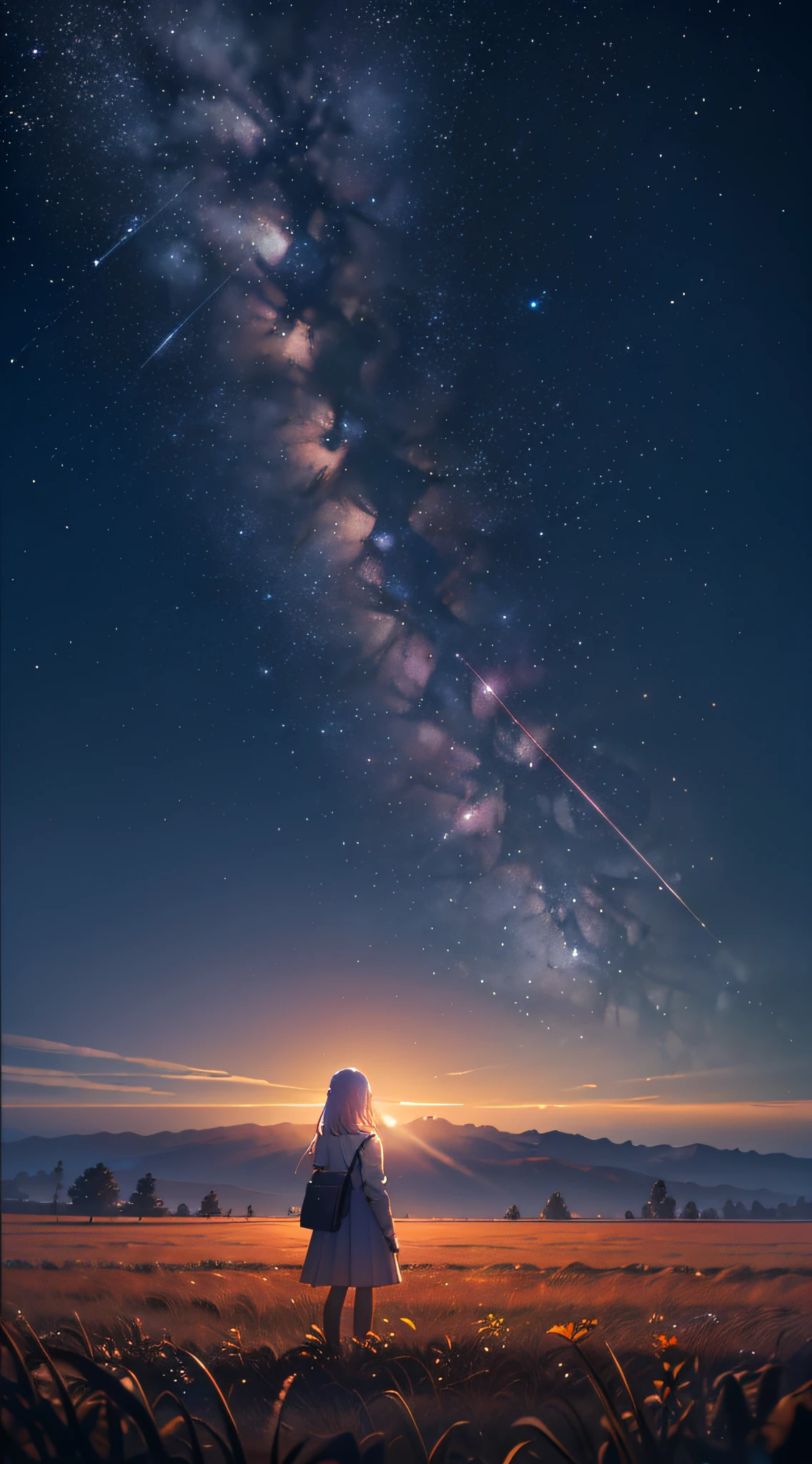 Landscape photos (seen from below, sky above, field below), girl standing in a field (crescent: 1.2) (meteor: 0.9), (nebula: 1.3), (warm light: 1.2), (firefly: 1.2), lights, lots of purple and orange, volumetric lighting interruption (masterpiece: 1.2), (best quality), 4K, ultra-detailed, (luminous, atmospheric illumination), dreamy, magical, --auto --s2
