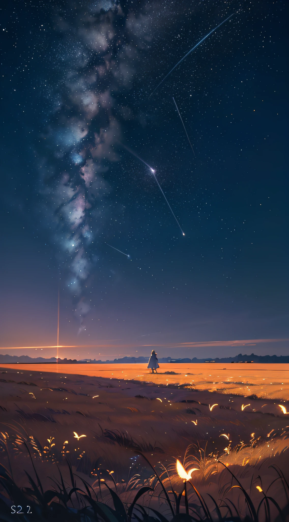 Landscape photos (seen from below, sky above, field below), girl standing in a field (crescent: 1.2) (meteor: 0.9), (nebula: 1.3), (warm light: 1.2), (firefly: 1.2), lights, lots of purple and orange, volumetric lighting interruption (masterpiece: 1.2), (best quality), 4K, ultra-detailed, (luminous, atmospheric illumination), dreamy, magical, --auto --s2