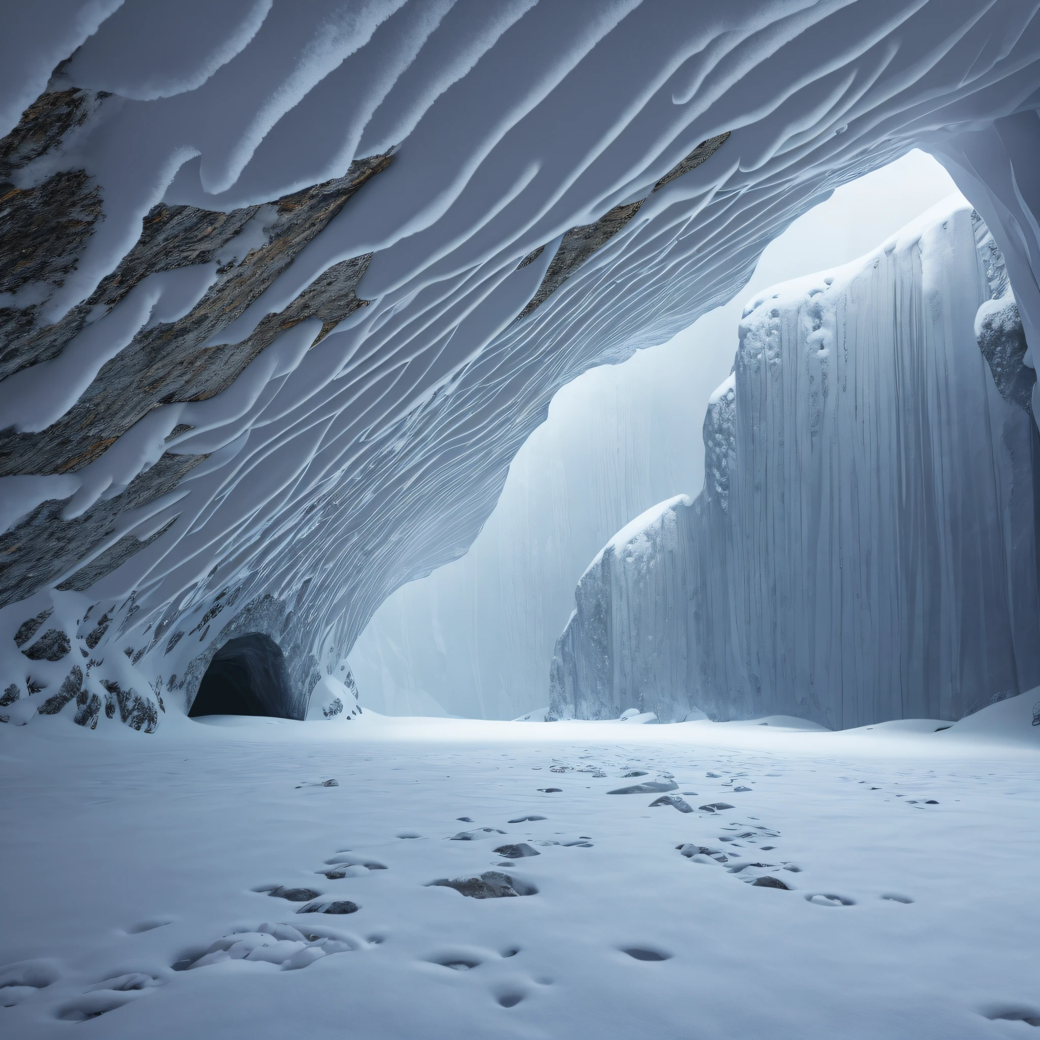 interior of the cave, covered by snow the weather is foggy and the cave is dark, no light input, Surrealism, UHD, super detail, 4K, high quality, 16k --auto --s2