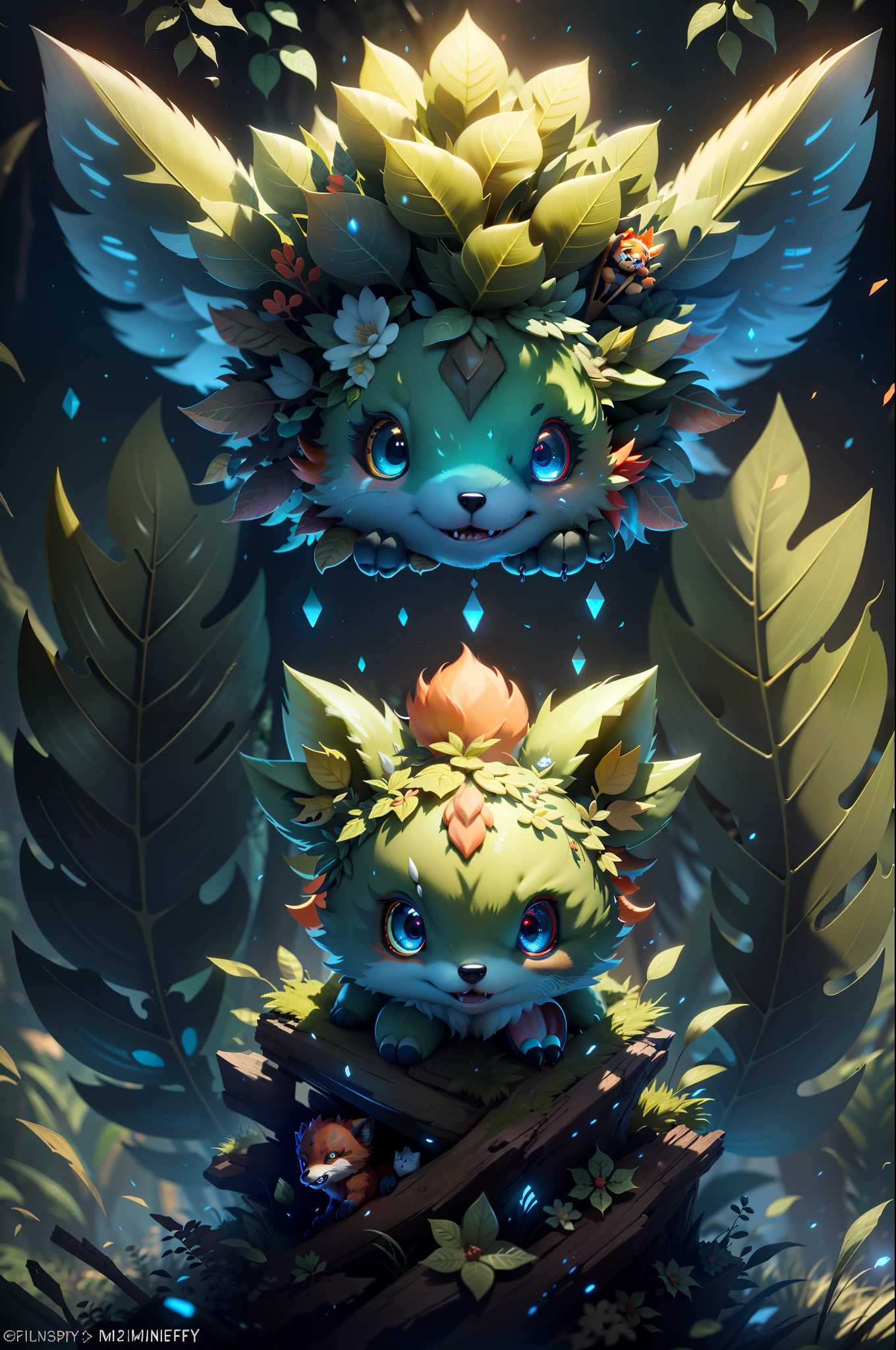 Granular, very detailed, intricate details, dynamic lighting, realistic, cinematic, natural lighting, M0NST3Rfy3, fox's cub, red glowing eyes, :P, (fluffy: 1.2), glowing stripes, dark forest, dark theme, open mouth, lots of teeth, abyss in the mouth,