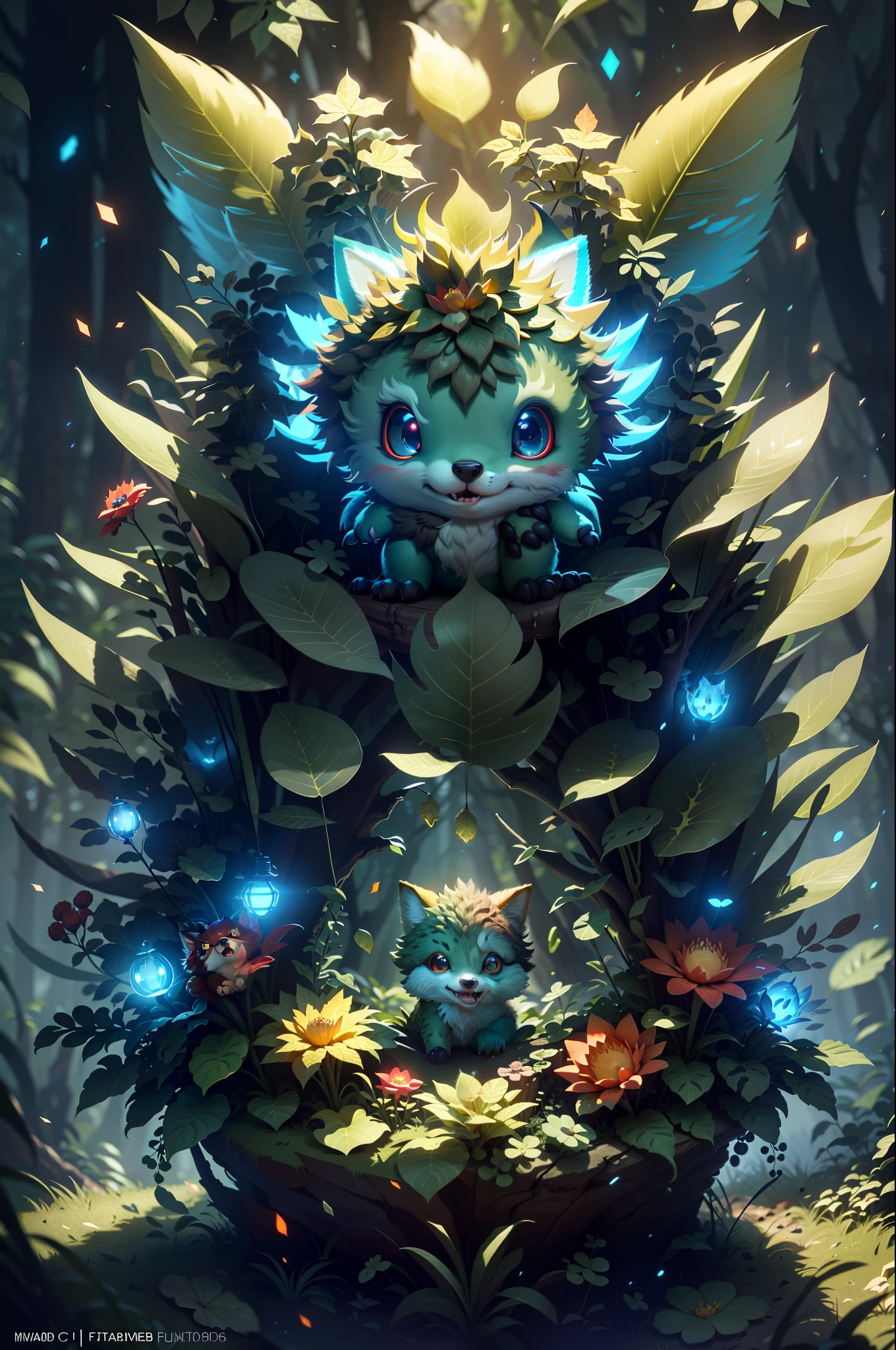 Granular, very detailed, intricate details, dynamic lighting, realistic, cinematic, natural lighting, M0NST3Rfy3, fox's cub, red glowing eyes, :P, (fluffy: 1.2), glowing stripes, dark forest, dark theme, open mouth, lots of teeth, abyss in the mouth,