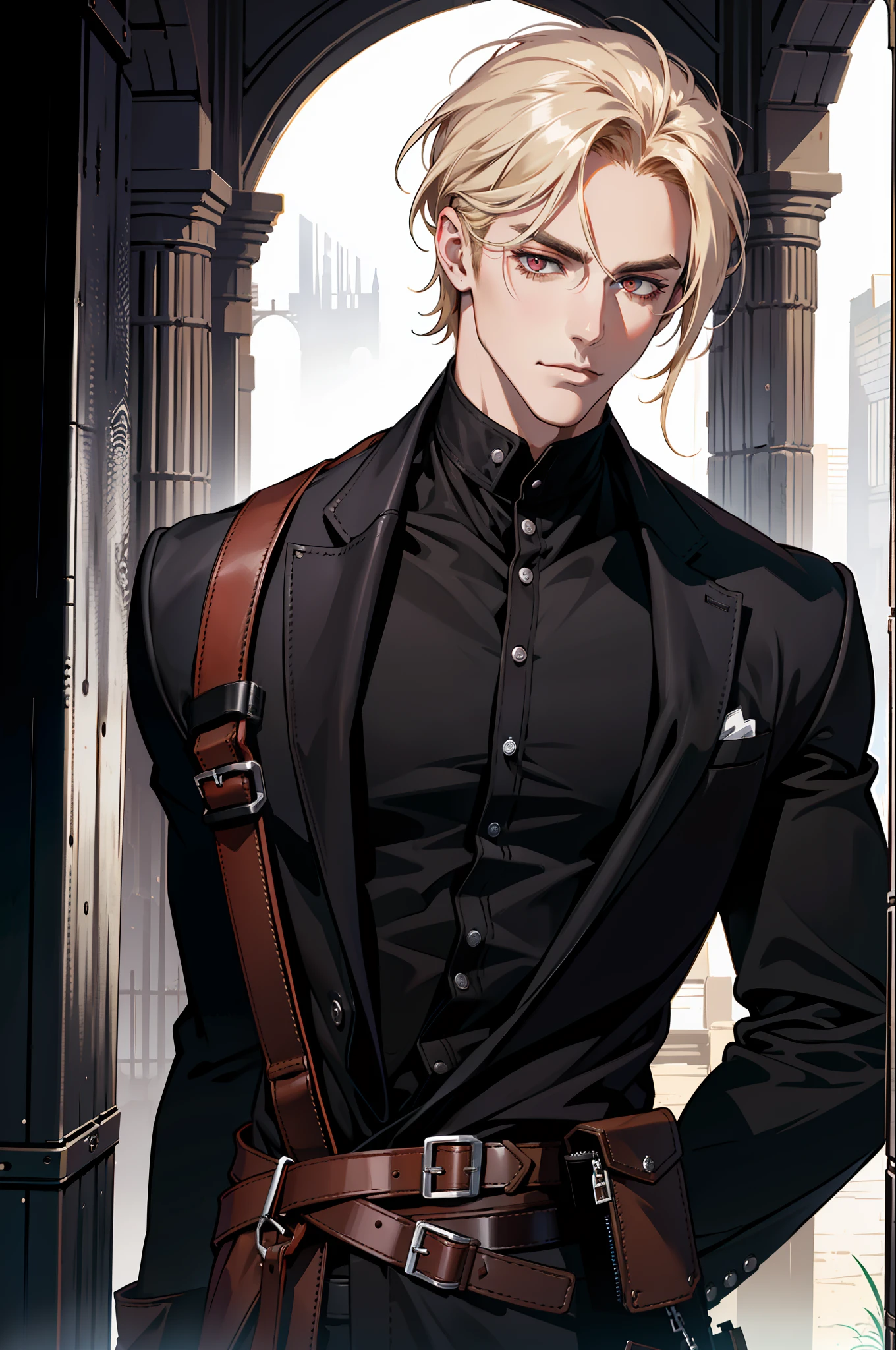 ((MLS)), (absurd res, high res, ultra detailed), 1 male, adult, handsome, tall muscular guy, broad shoulders, blonde long hair, red eyes, finely detailed eyes, looking at viewer, solo, MLS shot, no background, detailed face, smirk, renegade, rugged dark leather clothes, small leather pouch, high fantasy medieval setting, smuggler hideout background, stealth, undercover, (crates in background), shadows, fog, (dutch angle), closed mouth, vampire, gothic style