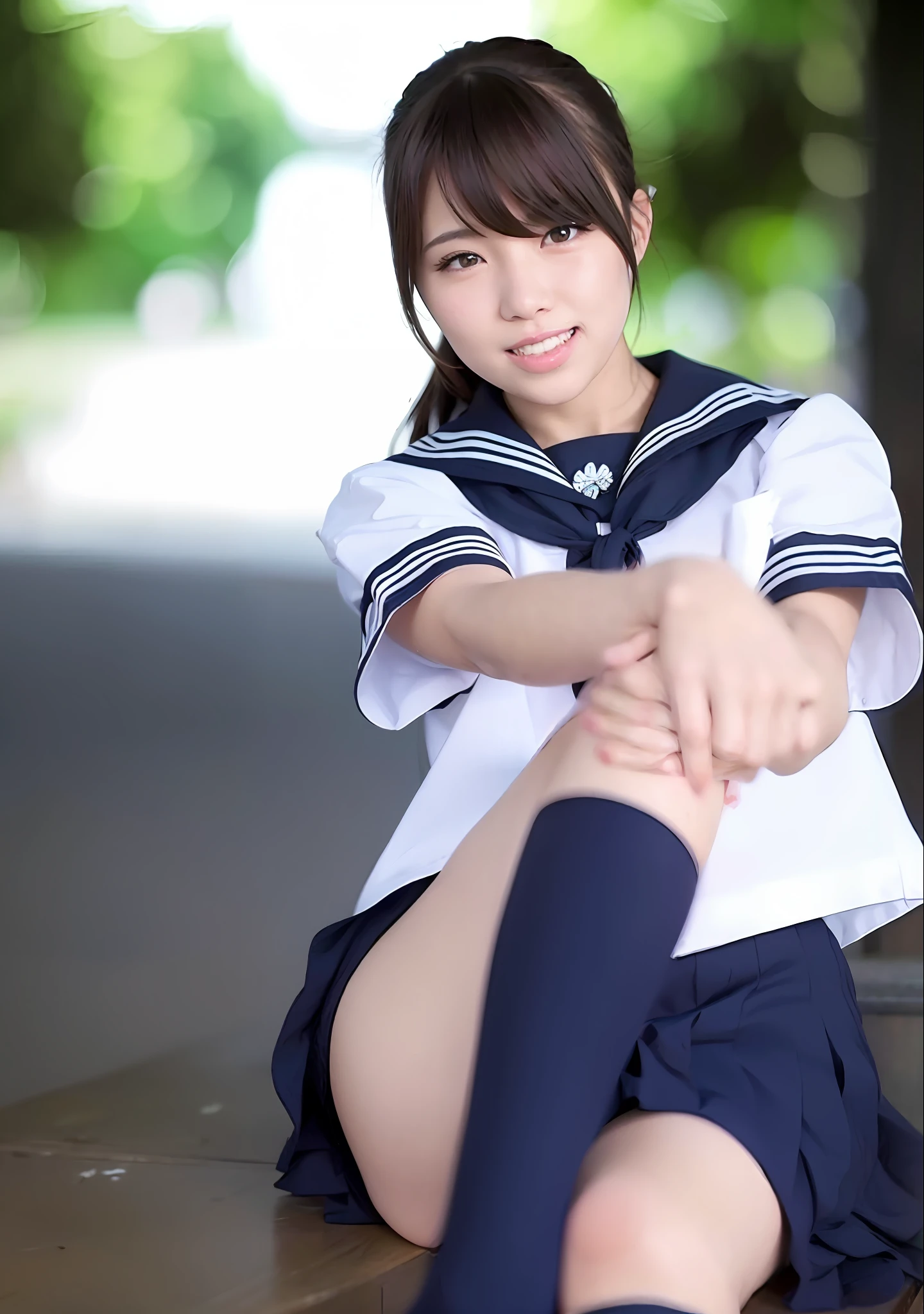 arafed asian woman in a sailor outfit sitting on a bench, wearing japanese school uniform, japanese school uniform, japanese girl school uniform, seifuku, sailor uniform, cute schoolgirl, young pretty gravure idol, young gravure idol, chiho, ayaka cosplay, beautiful anime high school girl, sakimichan, realistic young gravure idol