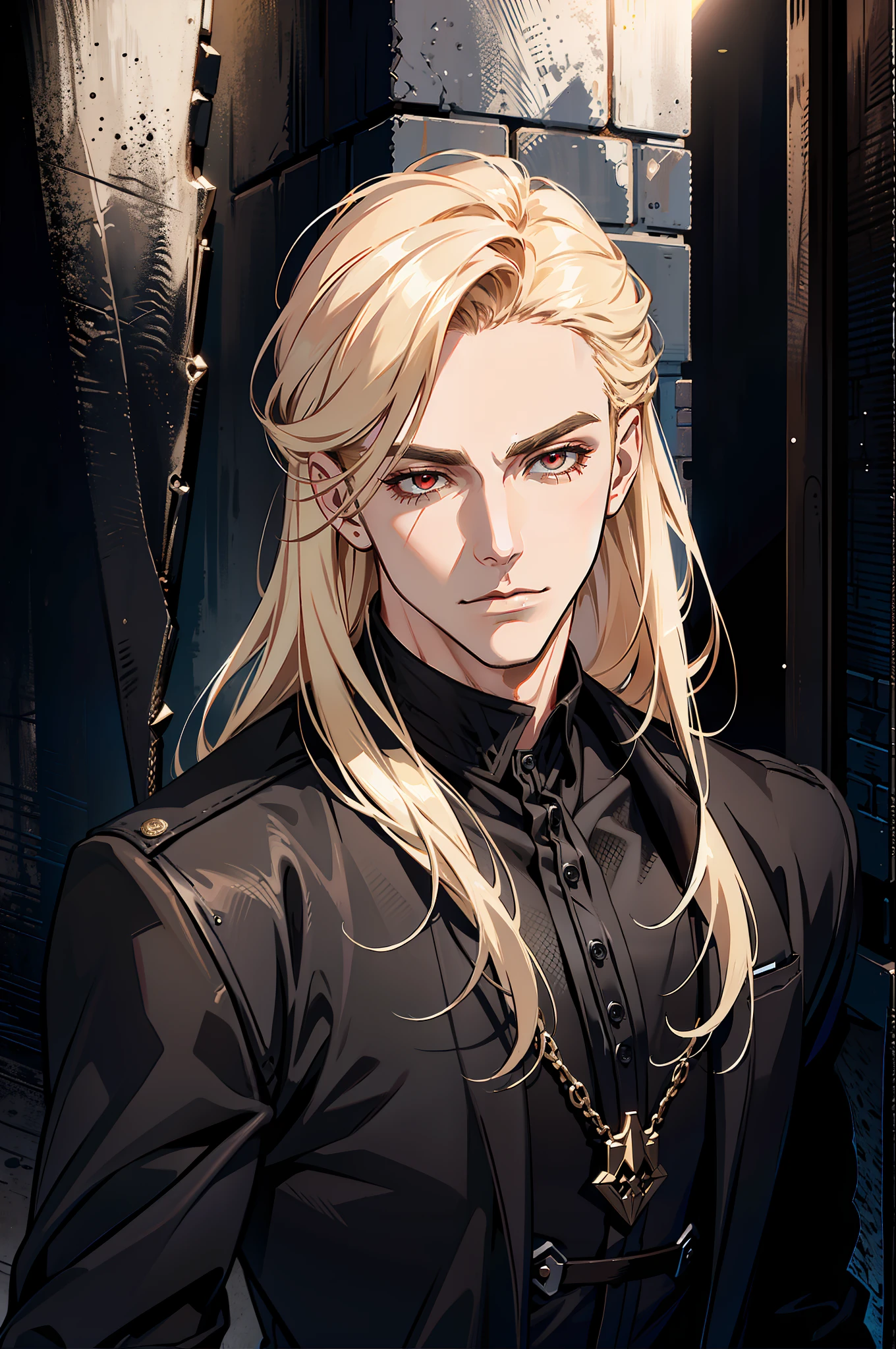 ((MLS)), (absurd res, high res, ultra detailed), 1 male, adult, handsome, tall muscular guy, broad shoulders, blonde long hair, red eyes, finely detailed eyes, looking at viewer, solo, MLS shot, no background, detailed face, smirk, renegade, rugged dark leather clothes, small leather pouch, high fantasy medieval setting, smuggler hideout background, stealth, undercover, (crates in background), shadows, fog, (dutch angle), closed mouth, vampire, gothic style