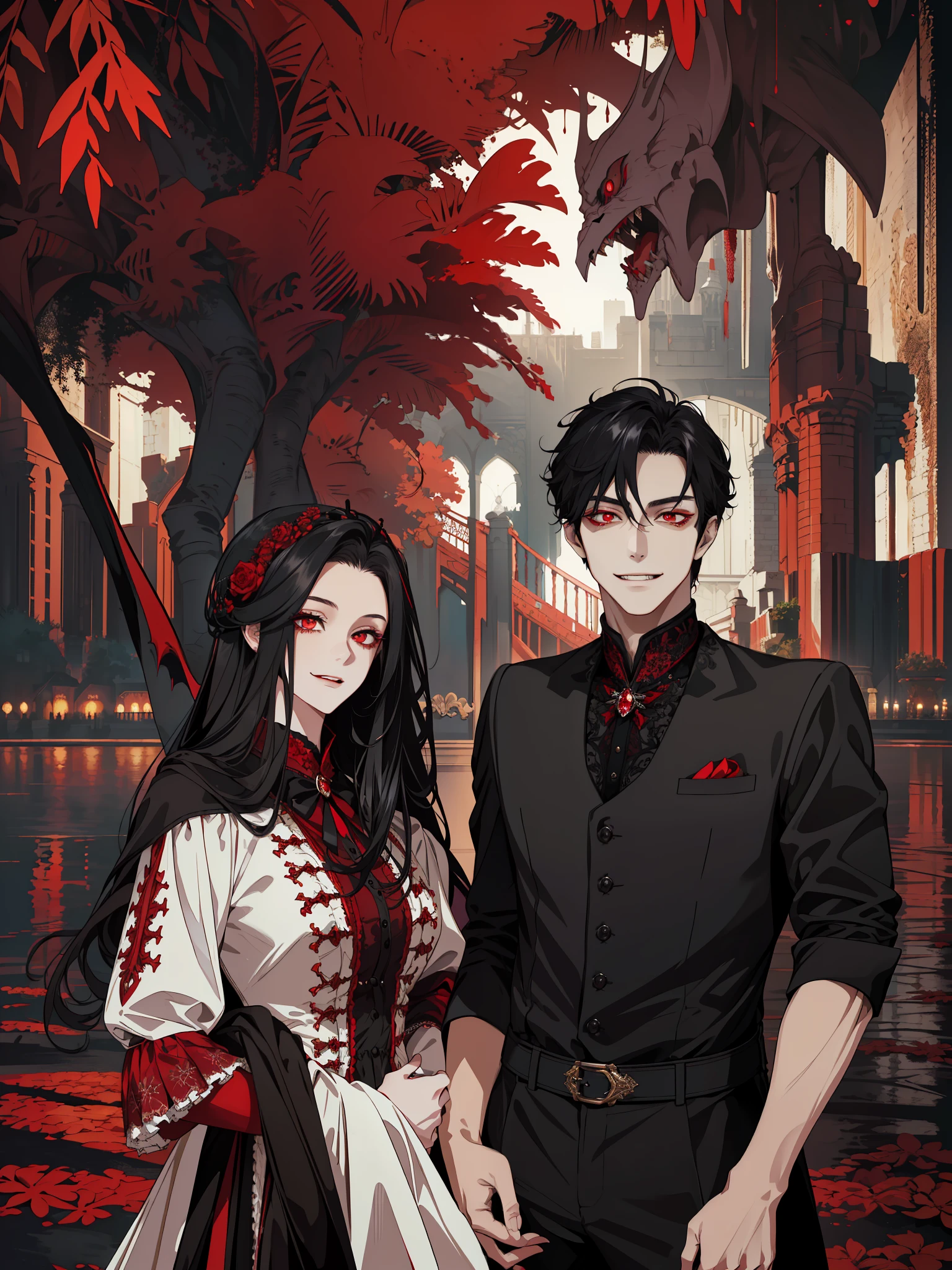 (masterpiece, best quality, highres, Sweet couple, beautiful girl, young boy, evil smile, vampire bride and vampire groom, luxurious clothing, res theme, black hair, detailed hair, red eyes, detailed eyes, detailed face, highly detailed, red and black background