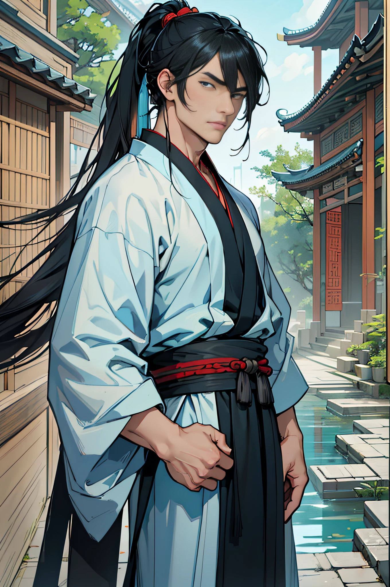 Masterpiece, Superb Style, Two Men, Chinese Style, Ancient Chinese, Black Hair, Gray and Blue Eyes, Split Hair, Long Hair, Long Bangs, High Ponytail, Handsome, Masculine, Gentle, Tall, Quiet, Cyan Robe, Outdoor, Wind Comfort, Young Man, Sad, Posture, (Hanfu, Ming Style), (Ming Architectural Background)