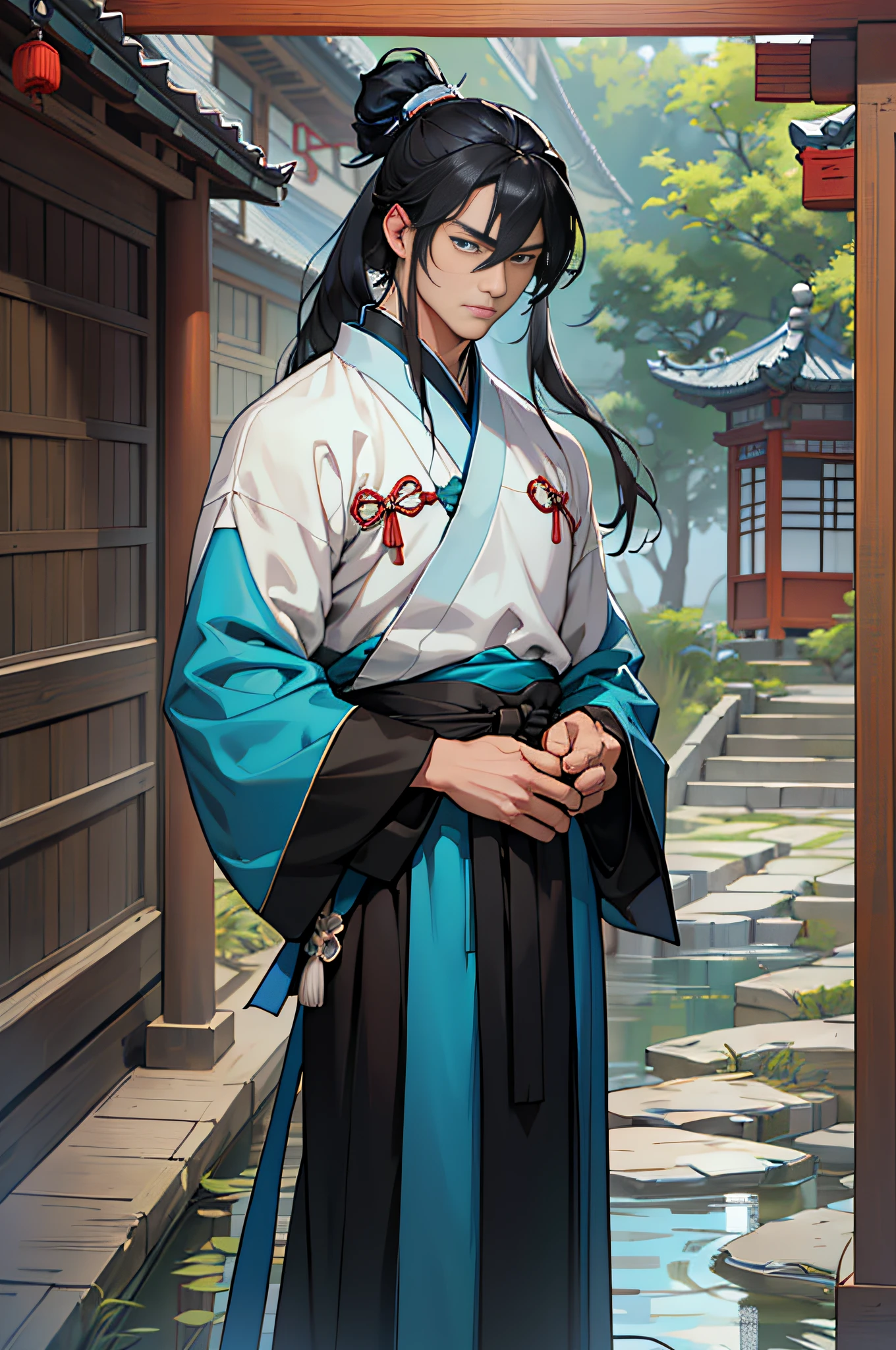 Masterpiece, Superb Style, Two Men, Chinese Style, Ancient Chinese, Black Hair, Gray and Blue Eyes, Split Hair, Long Hair, Long Bangs, High Ponytail, Handsome, Masculine, Gentle, Tall, Quiet, Cyan Robe, Outdoor, Wind Comfort, Young Man, Sad, Posture, (Hanfu, Ming Style), (Ming Architectural Background)
