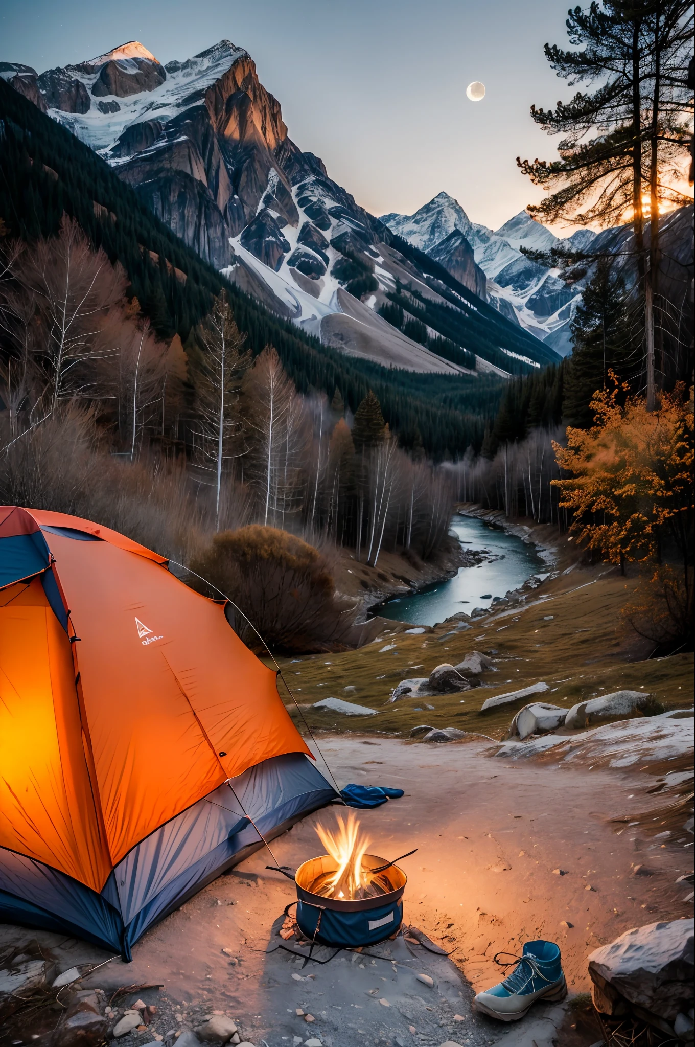 Mobile Marketing, masterpiece, best quality, ultra-detailed, solo, outdoor, (night), mountains, nature, (stars, moon) cheerful, happy, backpack, sleeping bag, camping stove, bottle water, mountain boots, gloves, sweater, hat, lantern, forest, stones, river, wood, smoke, shadows, contrast, clear sky, style (warm hue, warm tone): 1.2), close-up, cinematic light, side lighting, ultra high resolution, best shadow, RAW, upper body, wearing pullover kodak vision 3,