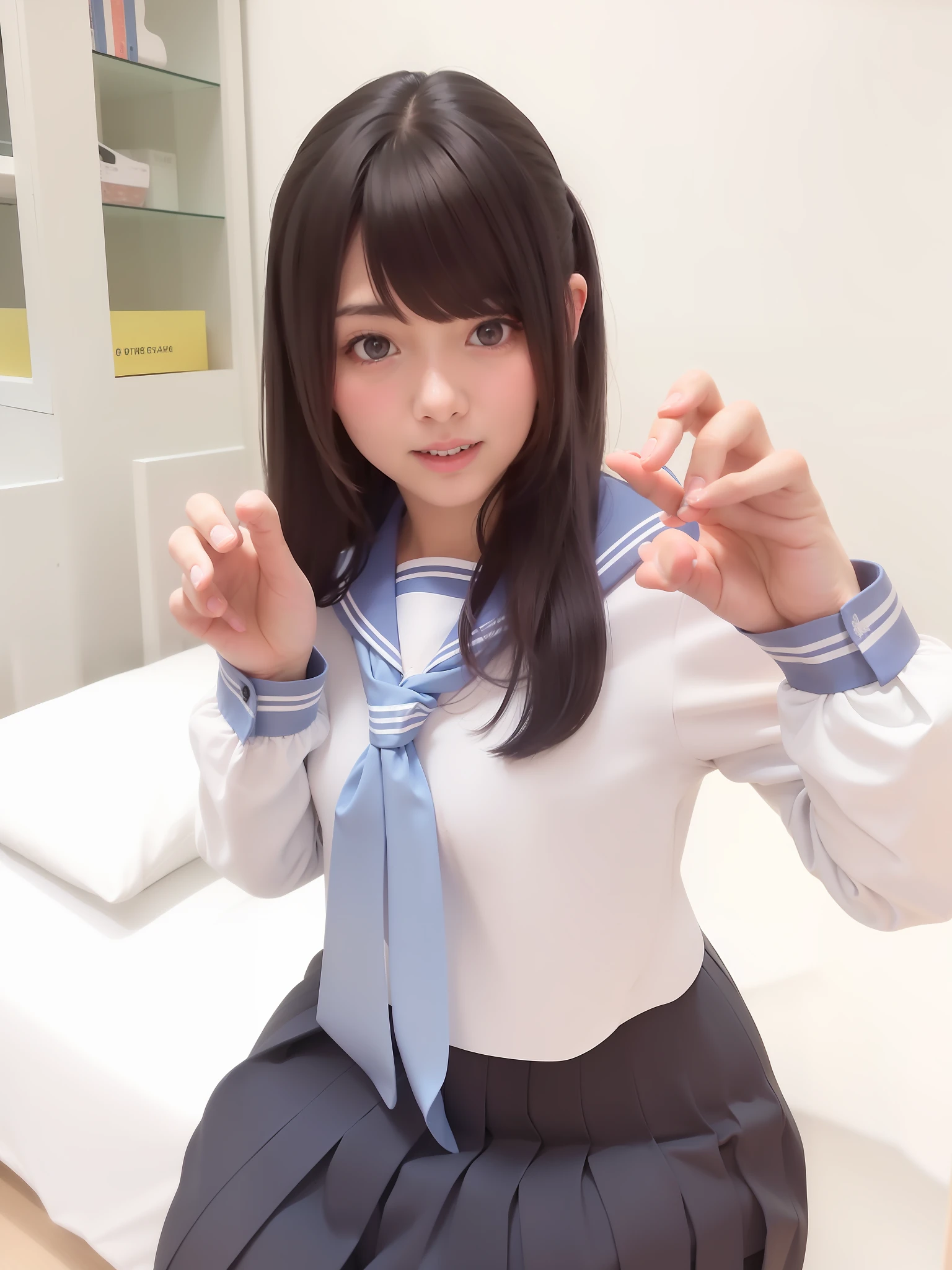 there is a young girl in a school uniform posing for a picture, young gravure idol, young pretty gravure idol, japanese girl school uniform, wearing japanese school uniform, twintails white_gloves, realistic young gravure idol, young sensual gravure idol, japanese school uniform, with index finger, narumi kakinouchi, young skinny gravure idol