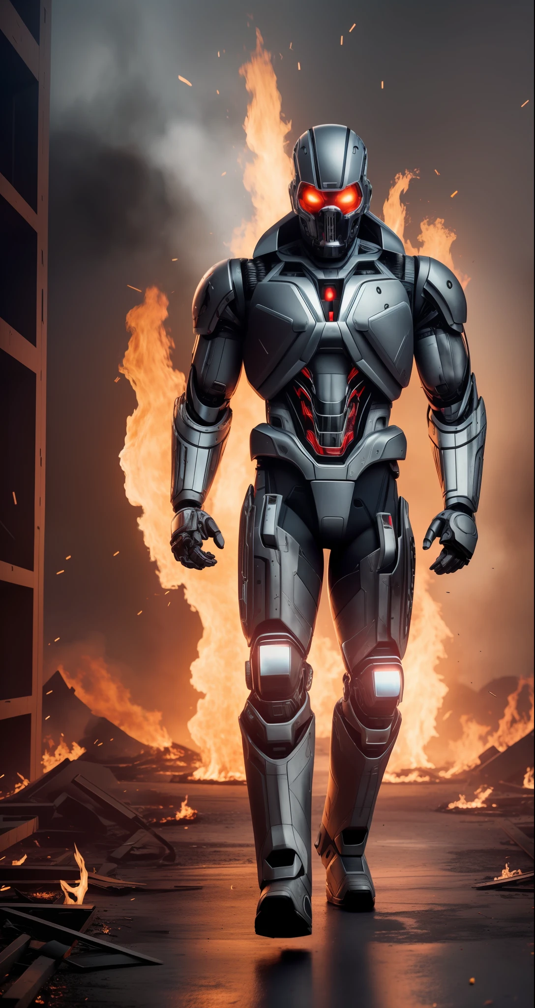 Create a full-body 8K image of a muscular half-human, half-android male Terminator with torn clothes as if they were on fire. Make sure the resulting image has a dark and menacing look, with details that show the combination of human and robotic elements. Add details to the torn clothes, such as burnt fabric and smoke coming out of the clothes. Make sure the resulting image captures the essence of fire, with elements such as flames and embers. Add textures and details to make the image more realistic and interesting, such as how skin and robotic parts look. Make sure the resulting image is a high resolution, 8K quality." —c 10 —ar 2:3 --auto --s2