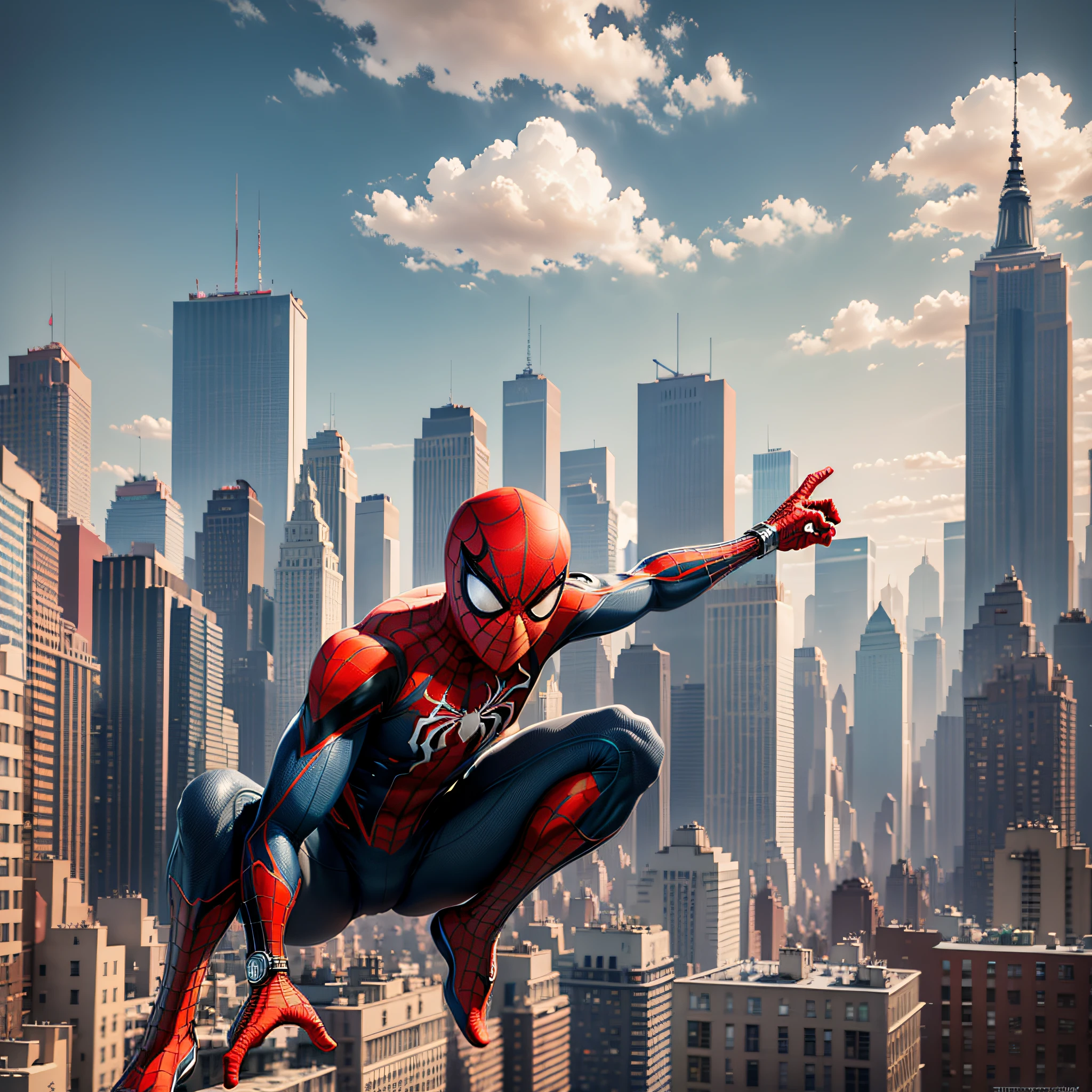 Ultra-high quality 8K, New York street view, Brooklyn Bridge, the city is very lively, Spider-Man is wearing gorgeous spider suits, dancing in the wind, surreal scenes are breathtaking. --auto --s2