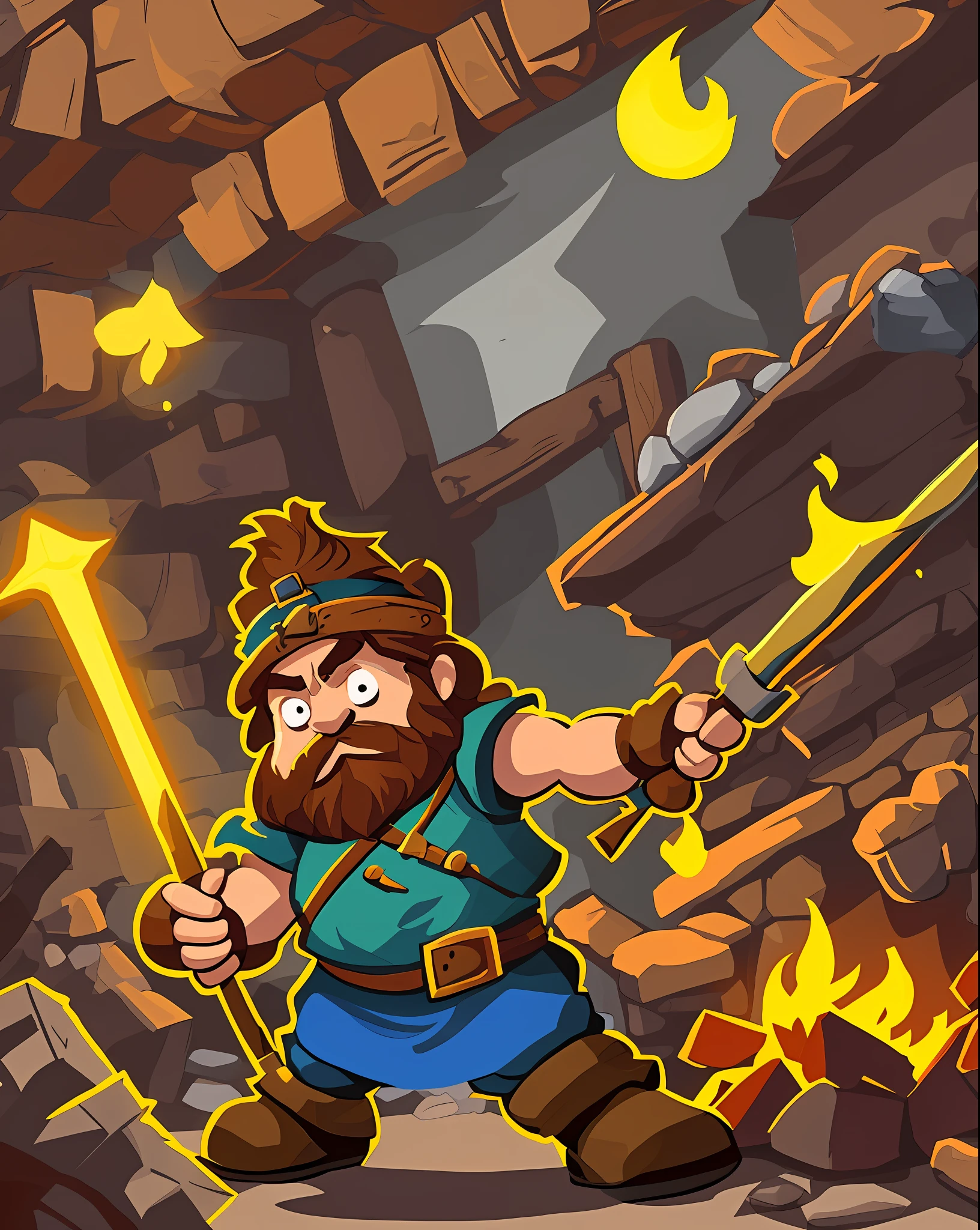 Vector, simple art, dwarf makes weapon with his hammer in his workshop near the fire