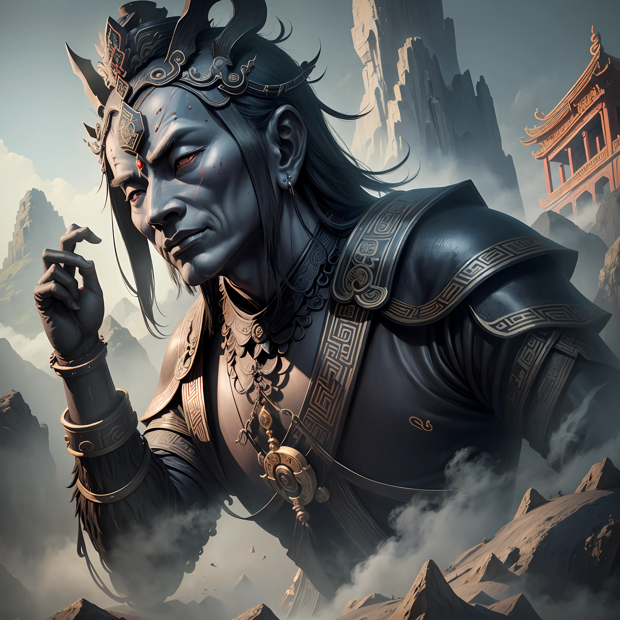 Ancient Chinese landscapes, temples, (mysterious black fog), Journey to the West, ((ghosts)), ((corpse)), ((ancient monsters)), glazed tiles, Buddha statues, lanterns, absurdity, realistic lighting, (the abyss) masterpiece , high quality, beautiful graphics, high details, --auto --s2