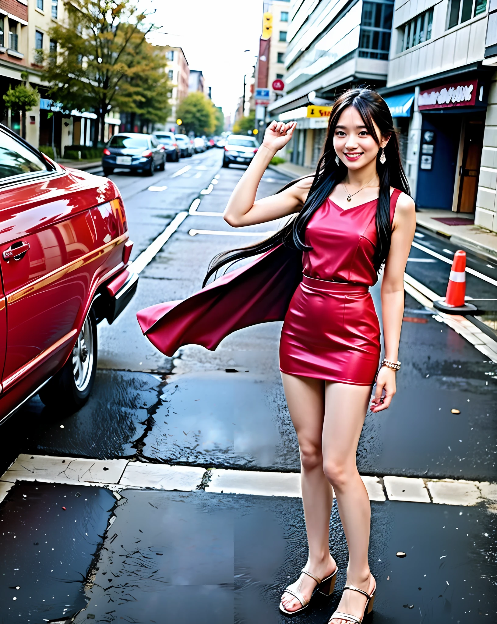 Double Piece Sign Wearing Red Dress, Best Quality, High Resolution, 8k, 1girl, (Big), Day, Bright, Outdoor, (Street:0.8), (People, Crowd:1),Sleeveless Dress, Red:1.5), Gorgeous, (Forehead), Beautiful Detailed Sky, Beautiful Earrings, (Dynamic Pose: 0.8), (Upper Body: 1.2), Soft Lighting, Wind, Shiny Skin, Look at the Viewer, Smile, whole body, whole body, standing figure, standing, beautiful legs, feet,
