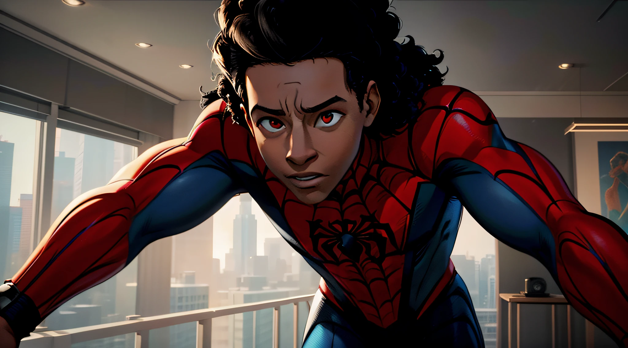 Best quality, masterpiece, high resolution, 1 male, miles morales, spiderman,, curly hair, Tindal effect,ism realism, dark studio, edge light, two-tone light, (high-detail skin: 1.2), 8K UHD, DSLR, soft light, high quality, volumetric light, photo, resolution high 4K,8K, clear background,