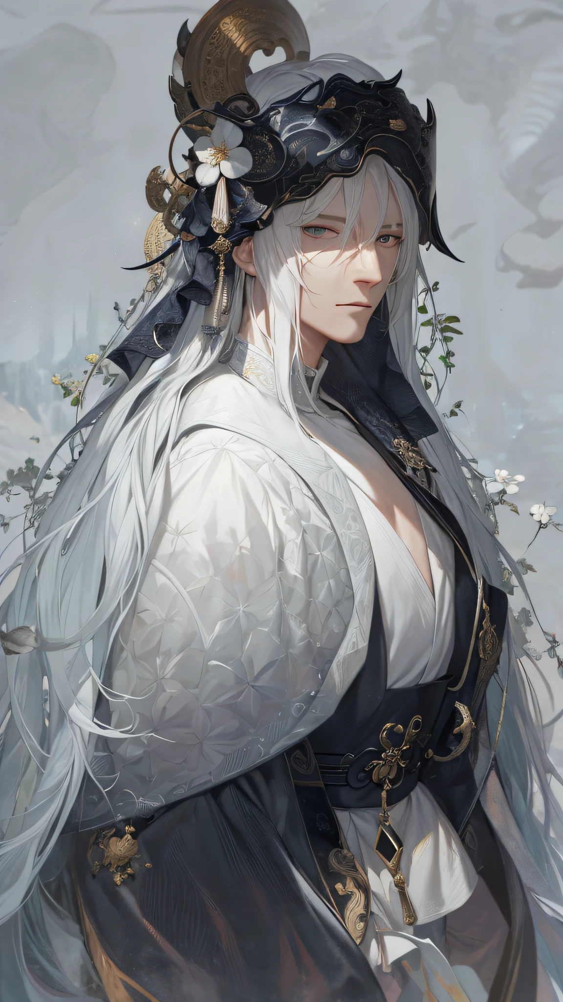 Masterpiece, close-up of a man with white hair and white mask, beautiful figure painting, Gu Viz, Clear Eyes, Gu Viz style artwork, White Hair God, Yang J, epic exquisite character art, stunning character art, Fan Qi, Wu Zhun Shifan, Gu Viz in Pixiv Art Station, Antique Style, Mountains and Rivers --auto --s2