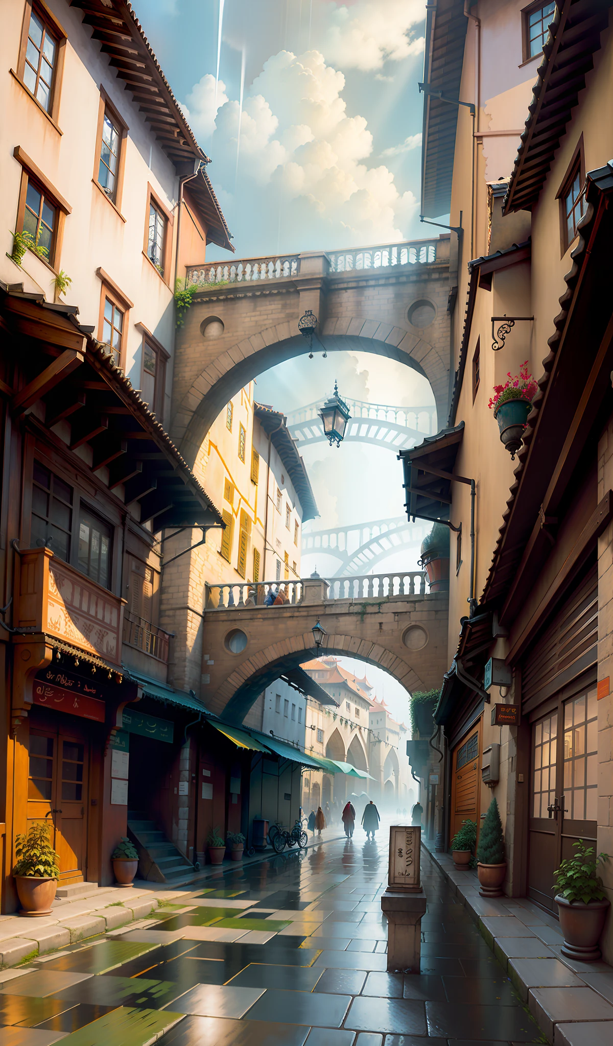 ((masterpiece)),(best quality)),((high detail)),((realistic,)) Industrial Age city, architectural streets, bazaars, bridges, rainy days, European architecture