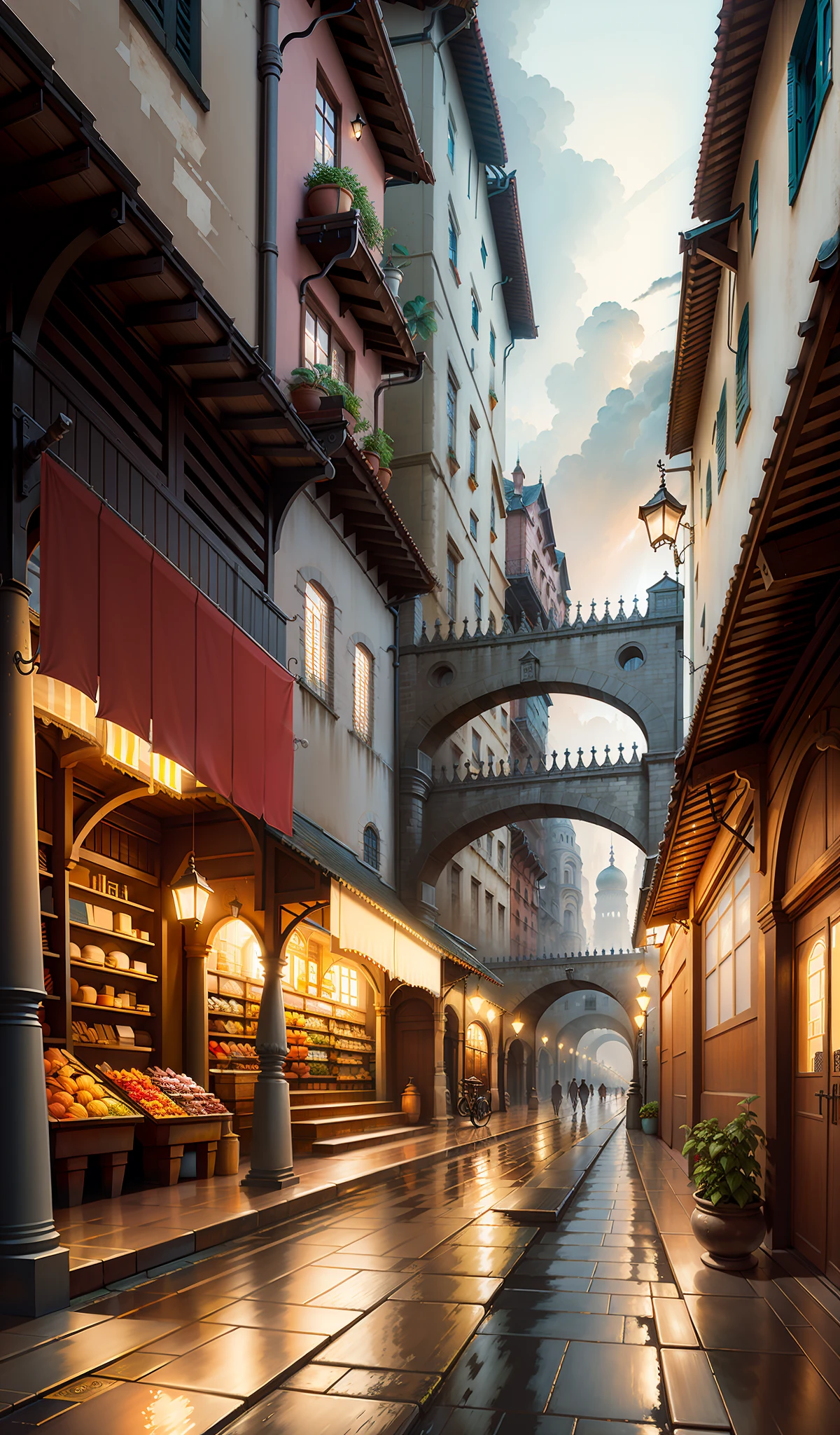 ((masterpiece)),(best quality)),((high detail)),((realistic,)) Industrial Age city, architectural streets, bazaars, bridges, rainy days, European architecture