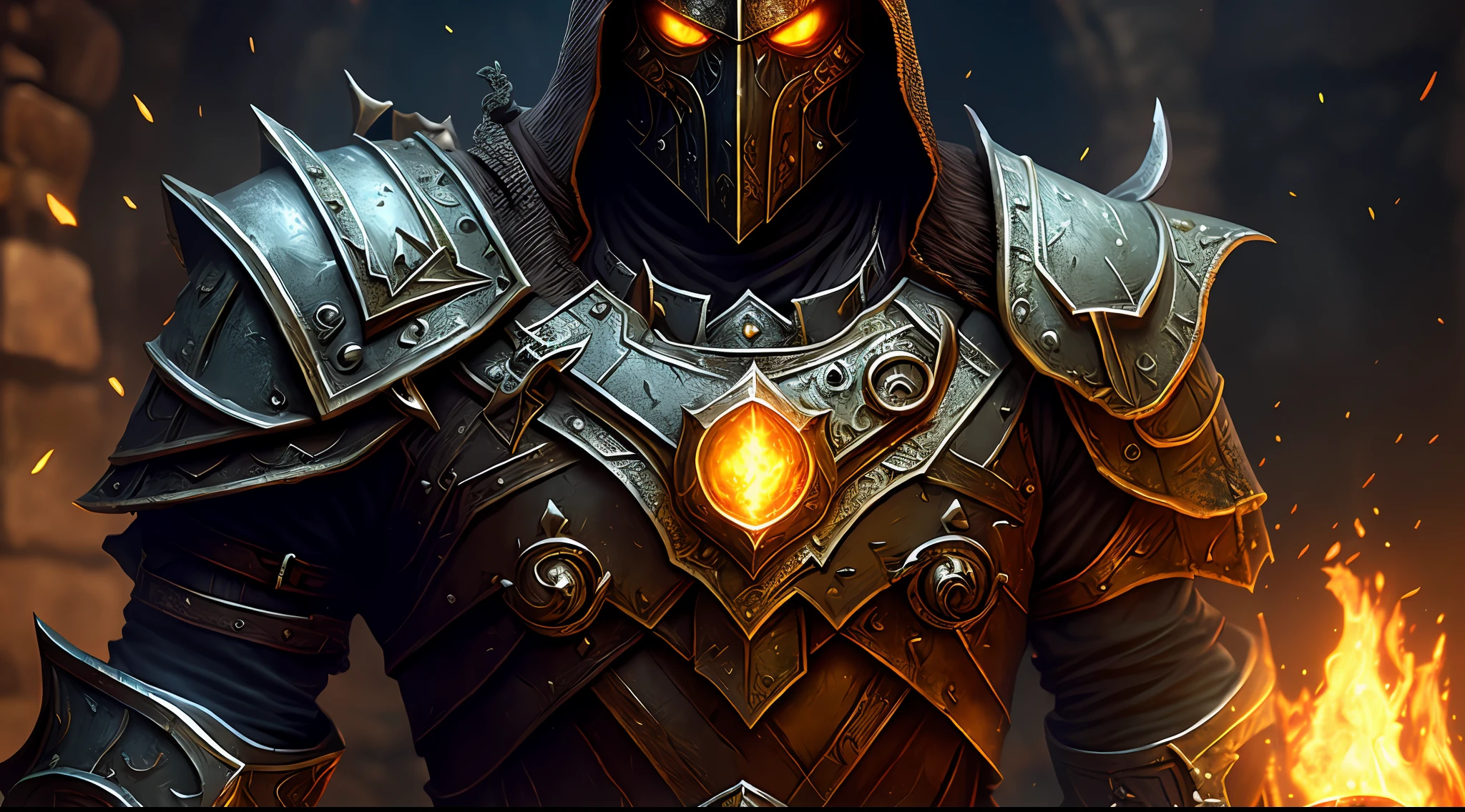(8k unit wallpaper CG extremely detailed, masterpiece, best quality, ultra-detailed), ((solo)), a dark medieval paladin and with rusty armor and skeletal arm, looking at the viewer (upper body: 1.3), (dynamic angle, dark eyes deep), (on a background of a dungeon), cinematic light, edge lighting, better shadow