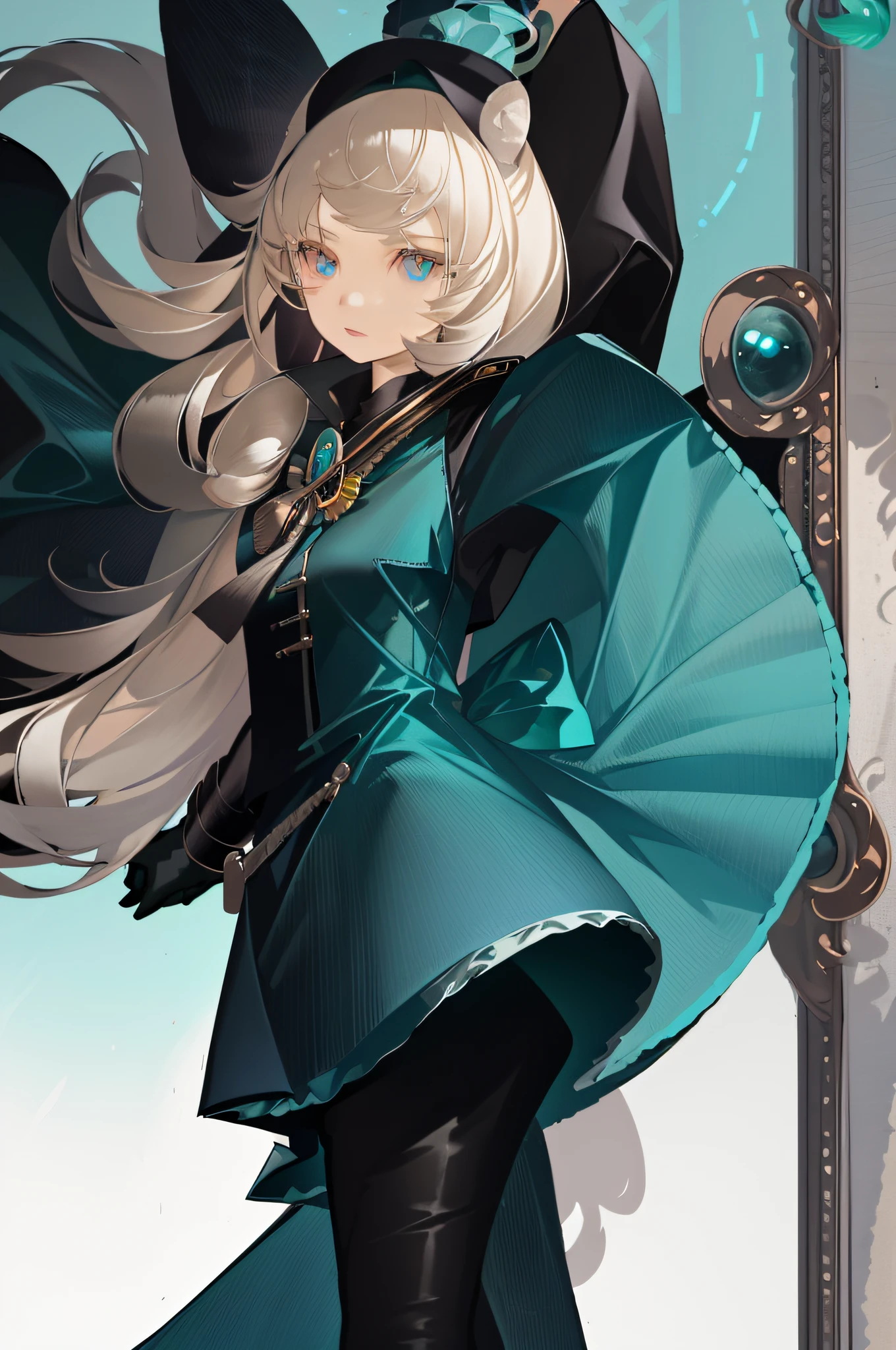 1girl, solo, hat, aqua_background, shoes,black jacket,yellow dress,simple_background,long white hair,cat, animal, 1girl, red_hair,brown eyes,light,night light,sea,window,