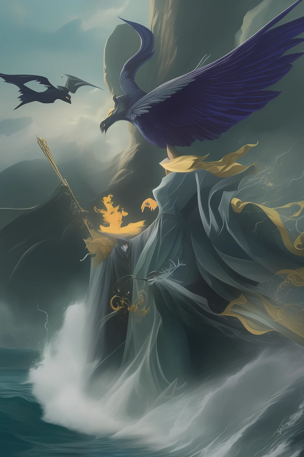 maleficent flying, over the sea, casting spell, against the Queen of the sea --auto --s2