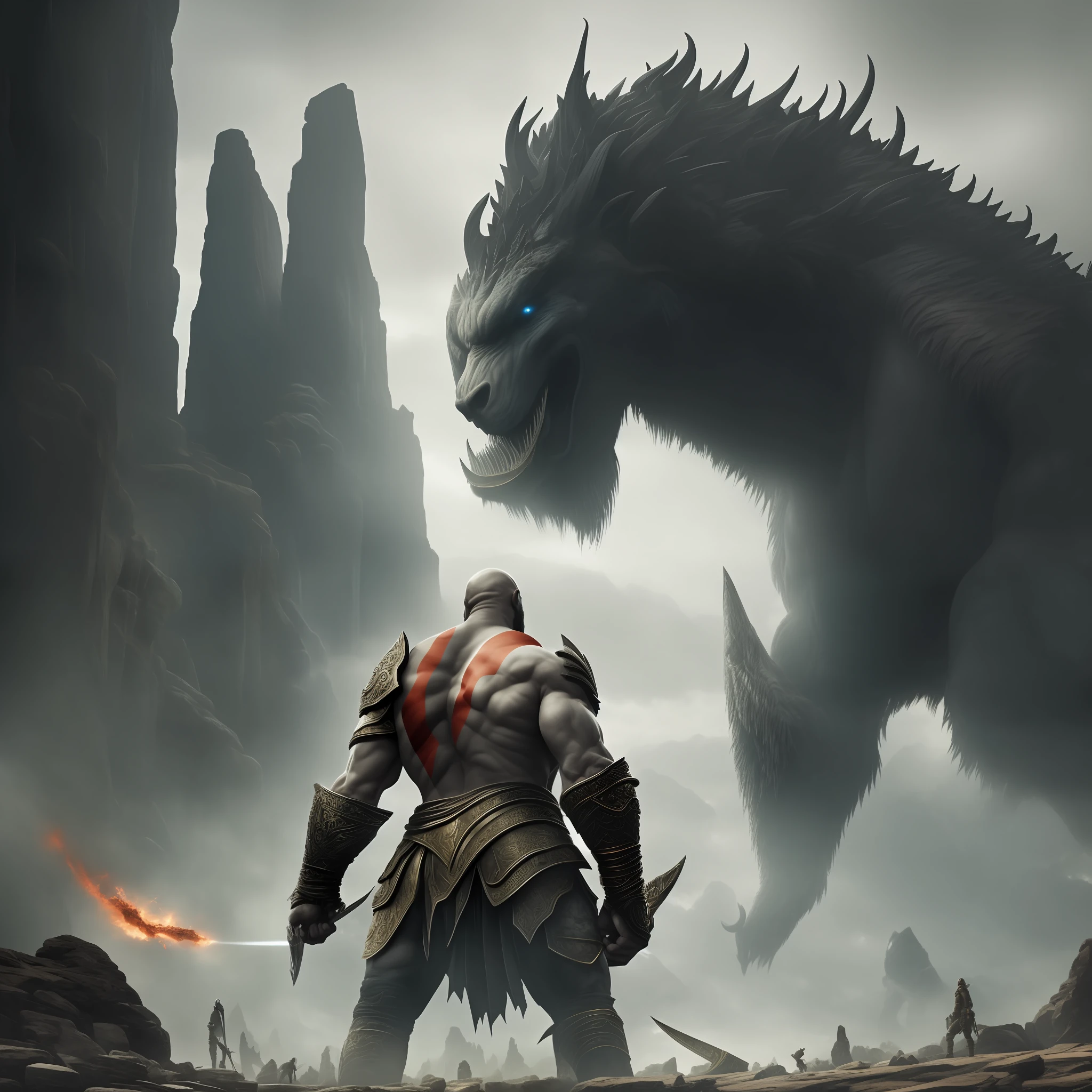 A monumental confrontation between Kratos and a colossal creature, portrayed in a grand and epic art style. The artwork evokes a sense of awe and scale, with dramatic lighting emphasizing the intensity of the battle. Sticker, T-shirt design graphic, vector, grunge frame, white background. --auto --s2