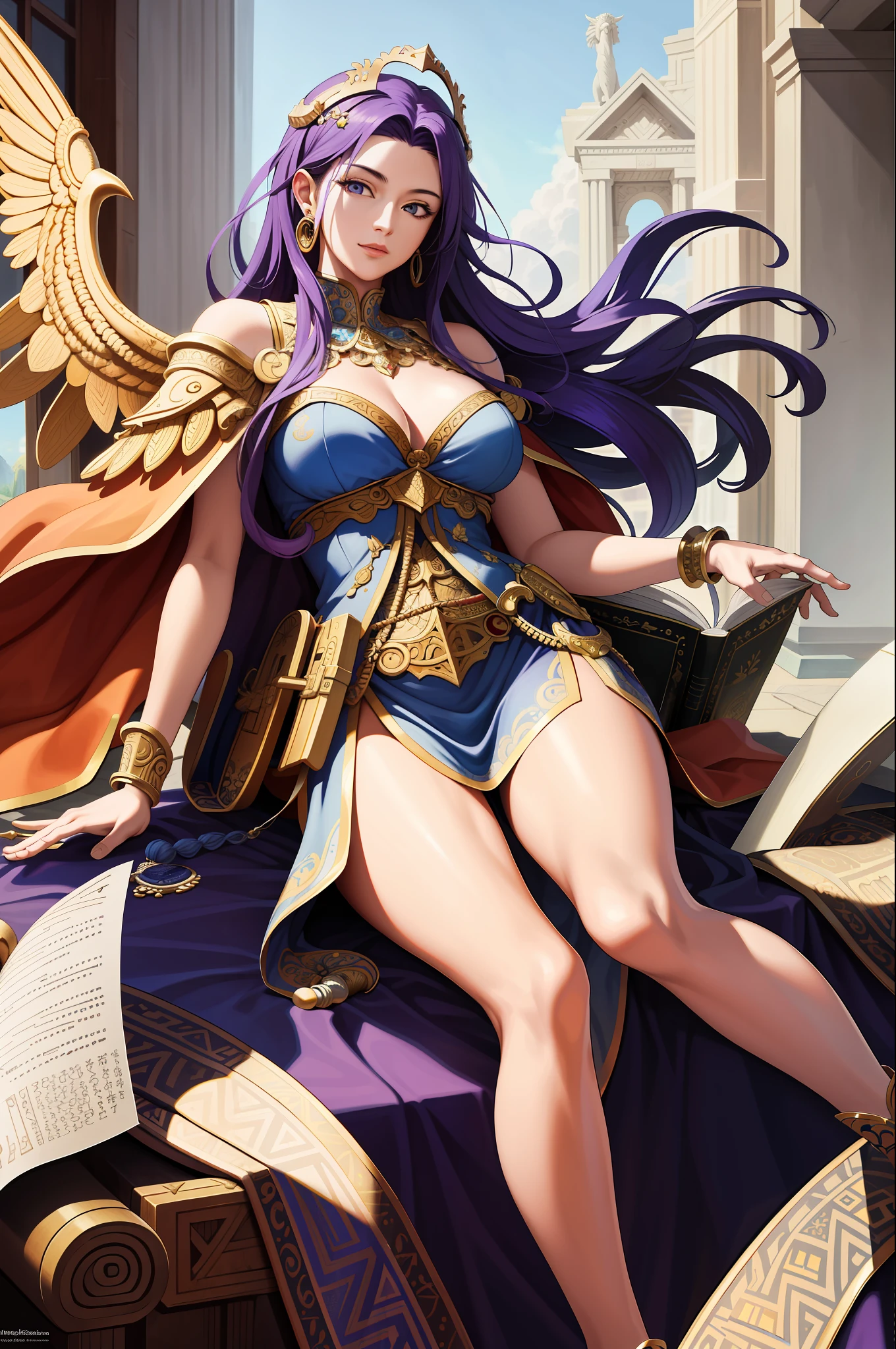 (masterpiece, best quality, high resolution: 1.4), detailed, intricate details, 4K, color splashes, line art, art, fibonacci, Athena goddess of war and wisdom, knights of the zodiac, long purple hair