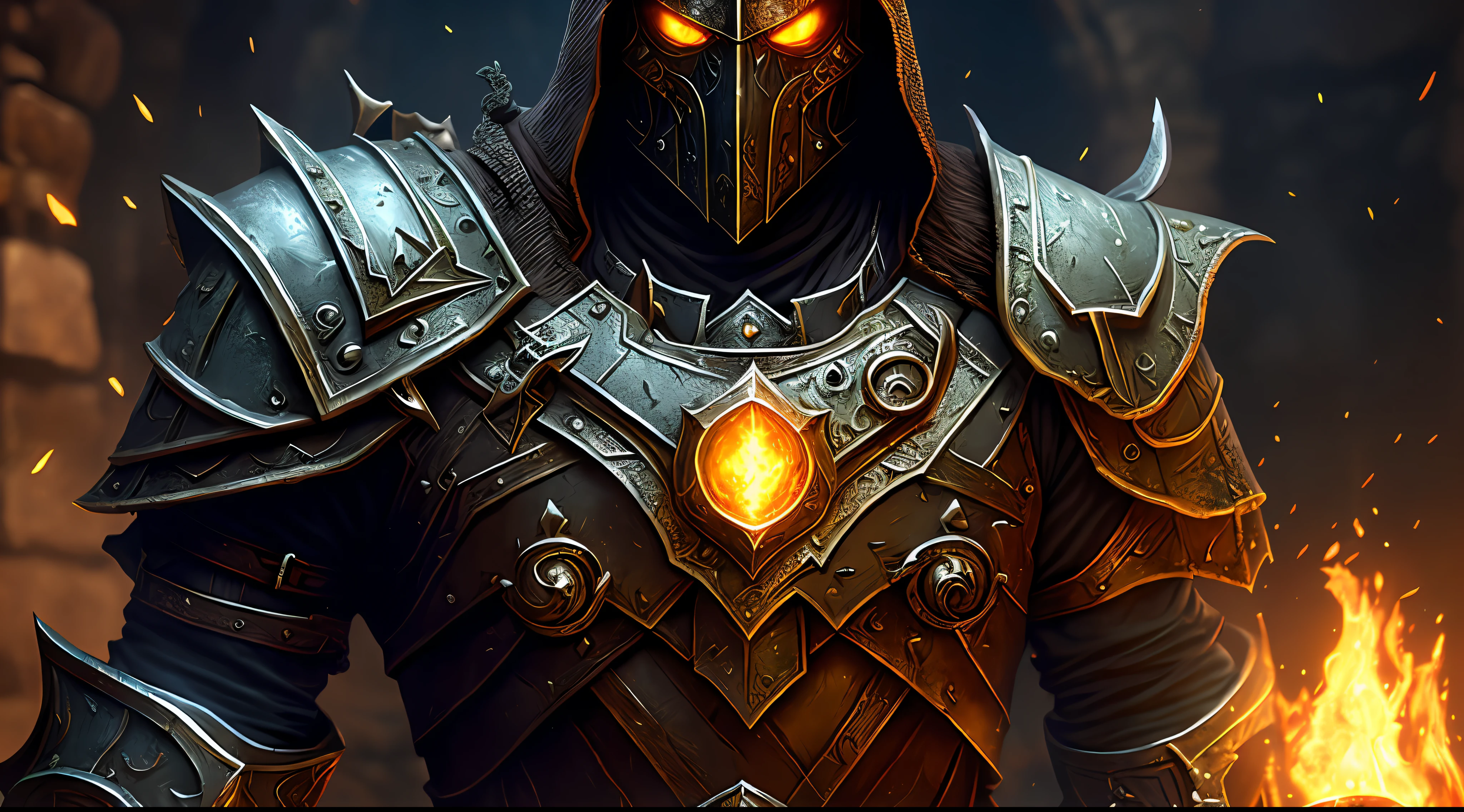 (8k unit wallpaper CG extremely detailed, masterpiece, best quality, ultra-detailed), ((solo)), a dark medieval paladin and with rusty armor and skeletal arm, looking at the viewer (upper body: 1.3), (dynamic angle, dark eyes deep), (on a background of a dungeon), cinematic light, edge lighting, better shadow