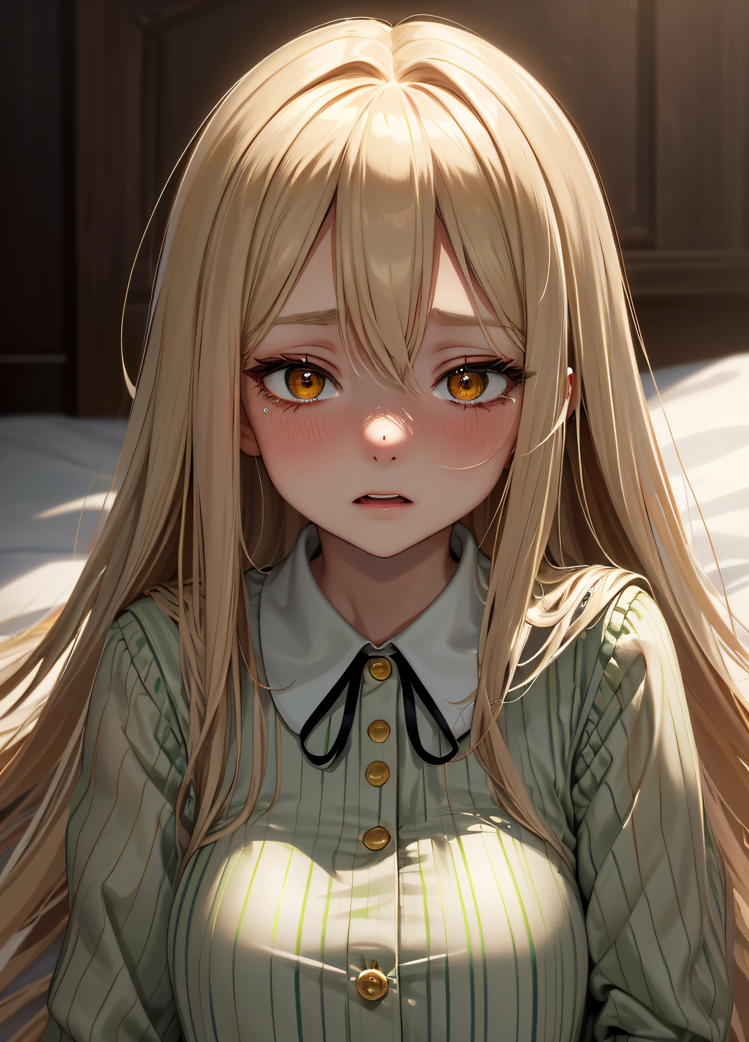 masterpiece, (highest quality), alone, (young woman), solo, blonde long straight hair, big, dog ears, (golden eyes), (green and white striped pajamas), (more close-up image of face)), looking very distressed, eyes closed, screaming, ((red cheeks)), (sweating a lot), ((very dark)), (midnight room))), on the bed, lots of white liquid