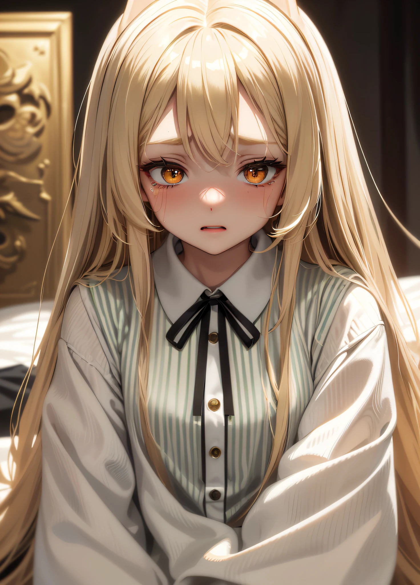 masterpiece, (highest quality), alone, (young woman), solo, blonde long straight hair, big, dog ears, (golden eyes), (green and white striped pajamas), (more close-up image of face)), looking very distressed, eyes closed, screaming, ((red cheeks)), (sweating a lot), ((very dark)), (midnight room))), on the bed, lots of white liquid