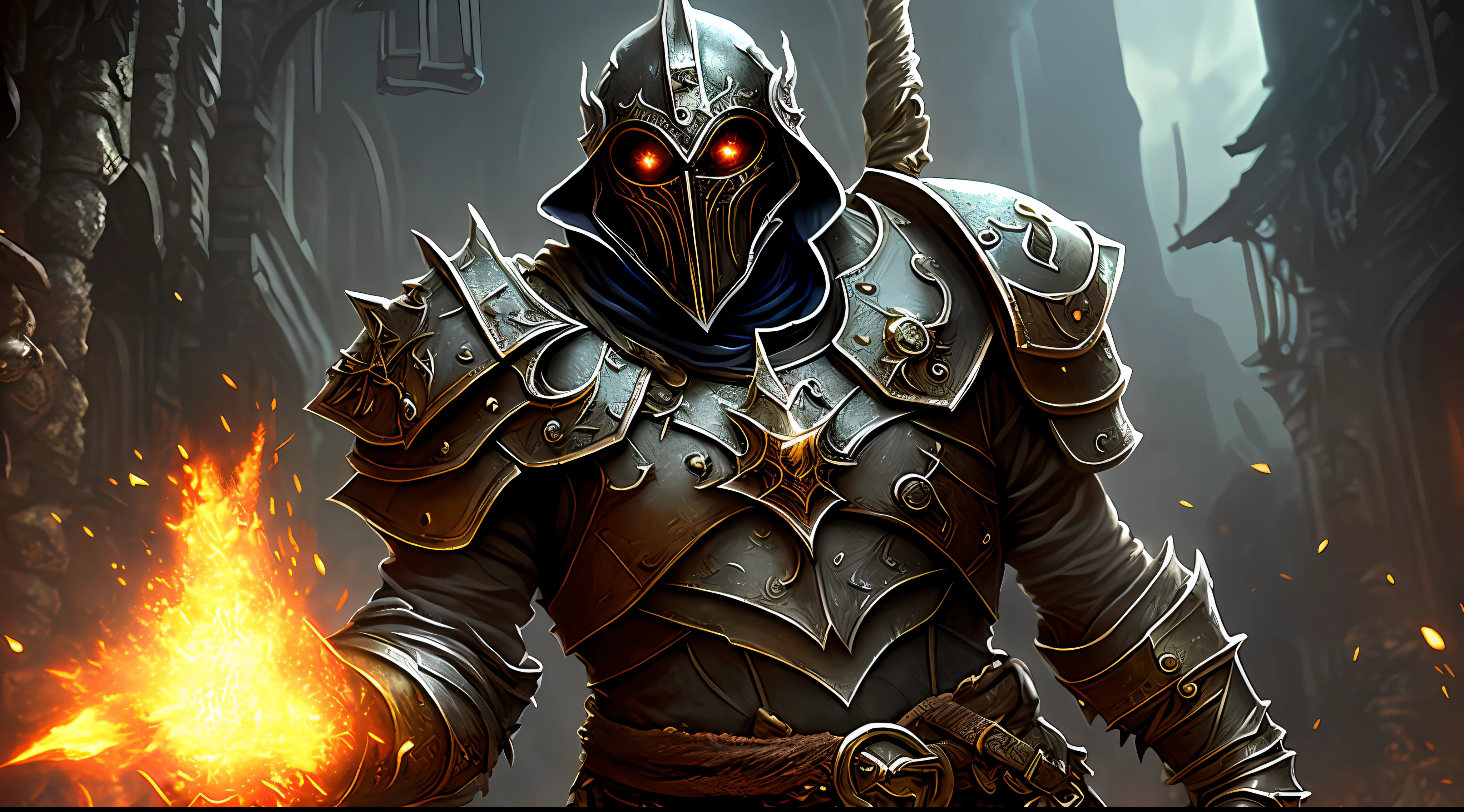 (8k unit wallpaper CG extremely detailed, masterpiece, best quality, ultra-detailed), ((solo)), a dark medieval paladin and with rusty armor and skeletal arm, looking at the viewer (upper body: 1.3), (dynamic angle, dark eyes deep), (on a background of a dungeon), cinematic light, edge lighting, better shadow